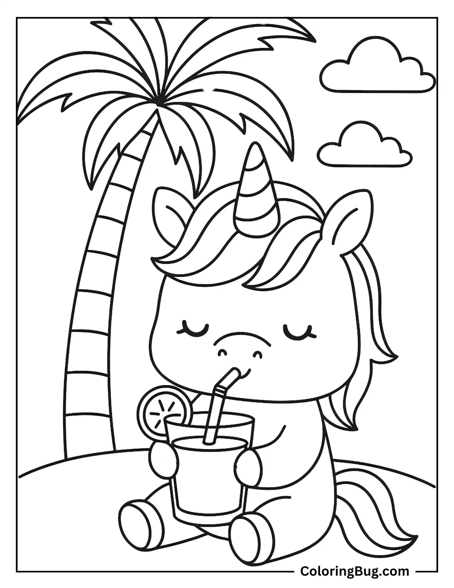 Unicorn Enjoying Lemonade During Summer Coloring Sheet