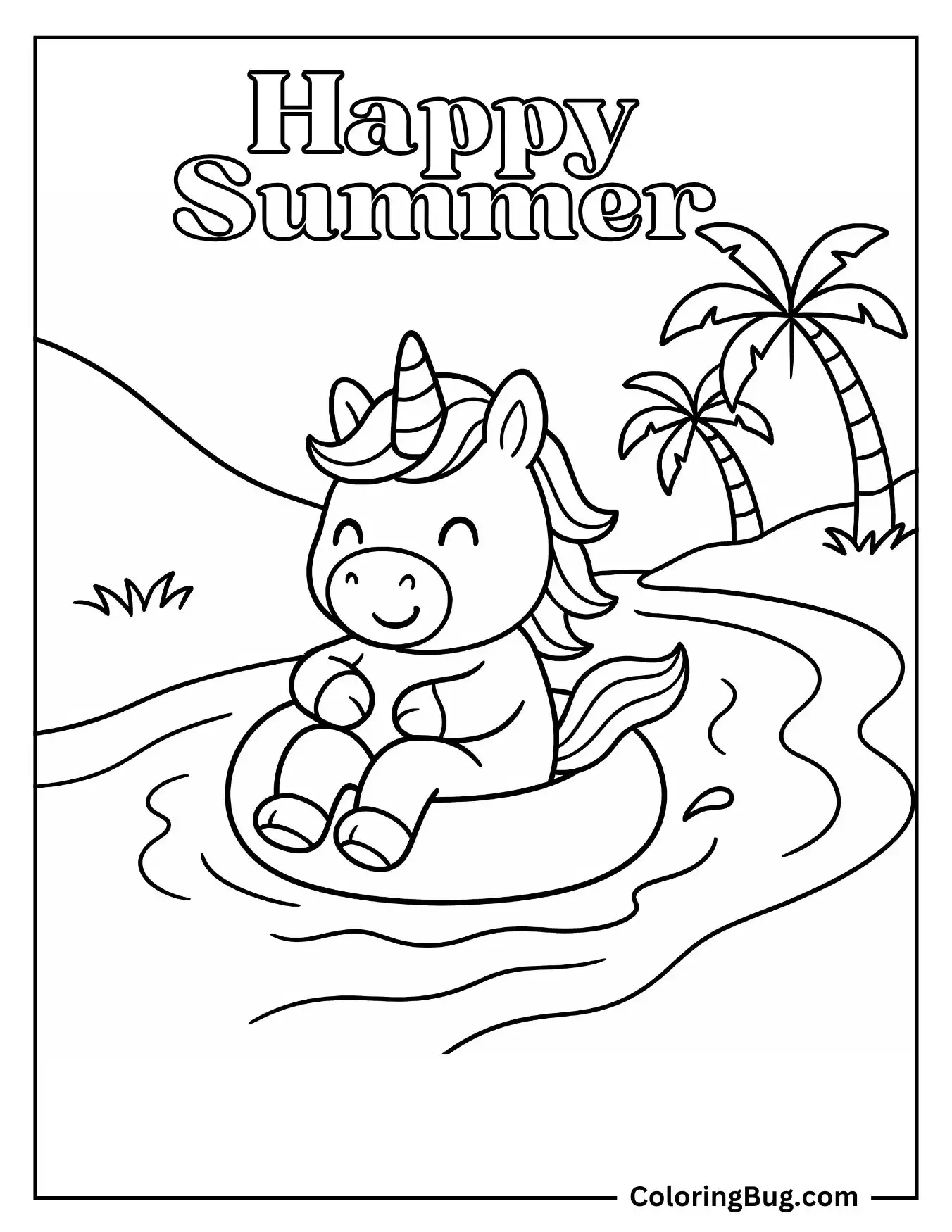 Unicorn Floating Down a River on a Ring Coloring Sheet