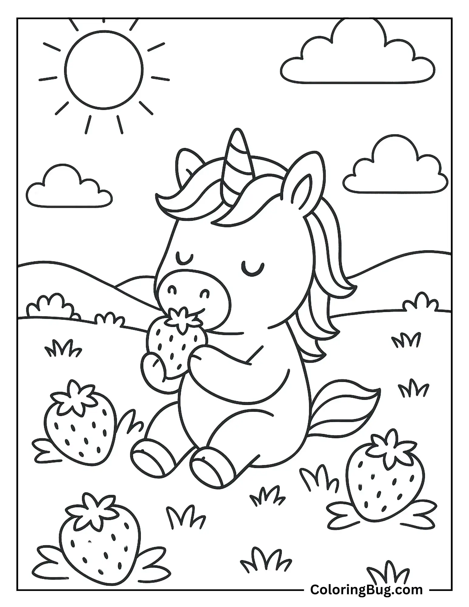 Unicorn Nibbling on Juicy Strawberries in a Field Coloring Sheet