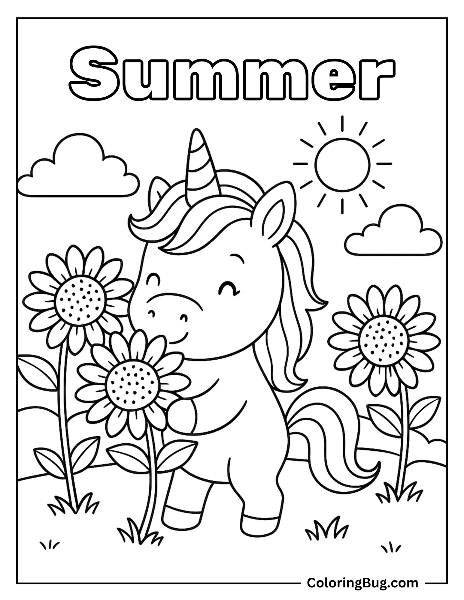 Unicorn Picking Sun Flowers During Summer Coloring Sheet