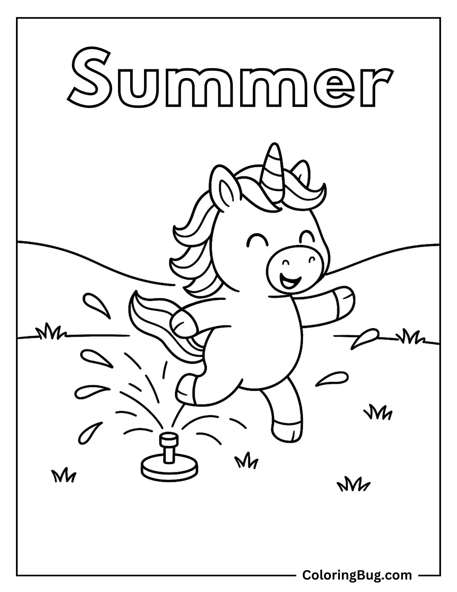 Unicorn Prancing Through a Spinning Sprinkler Coloring Sheet