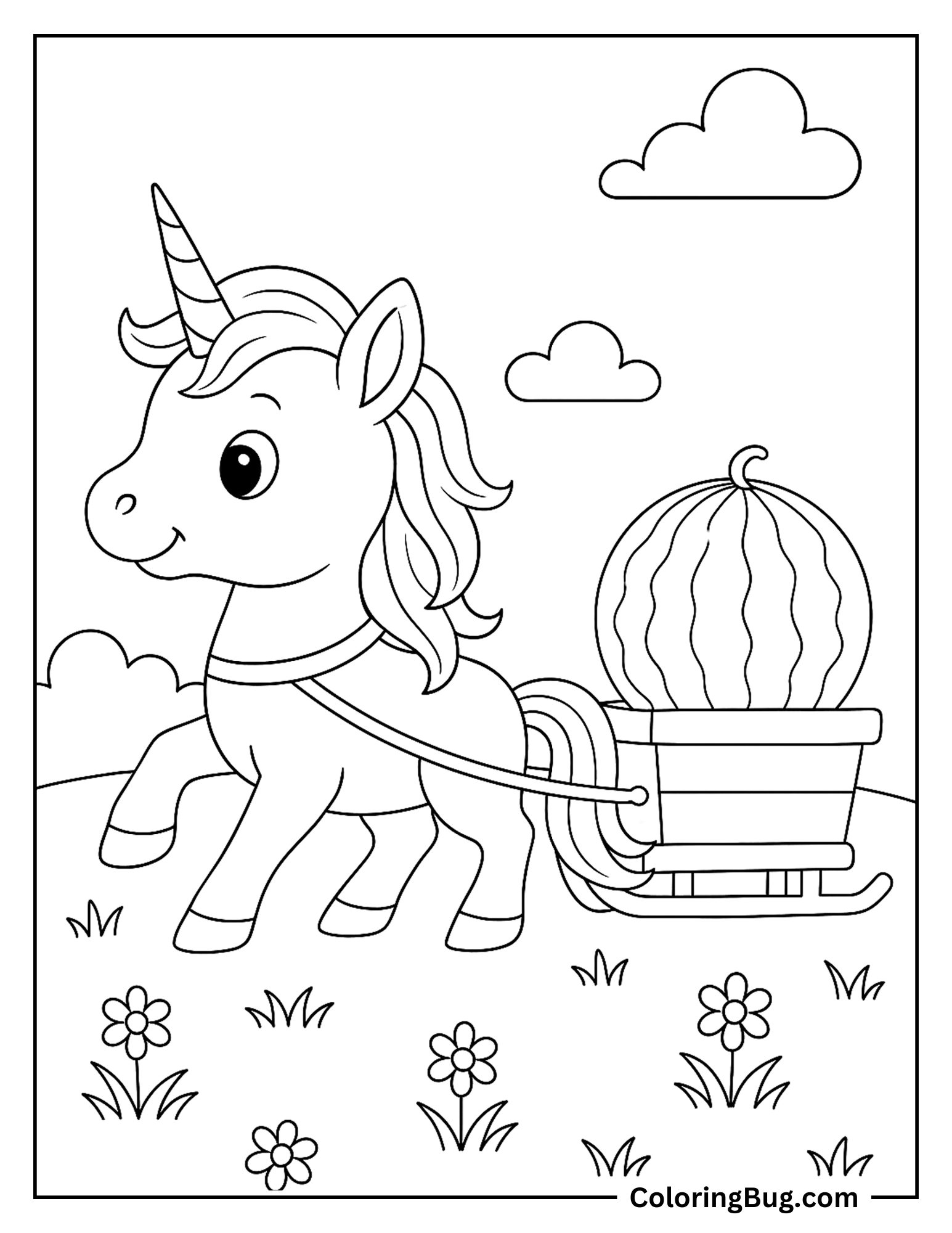 Unicorn Pulling Watermelon Coloring sheet