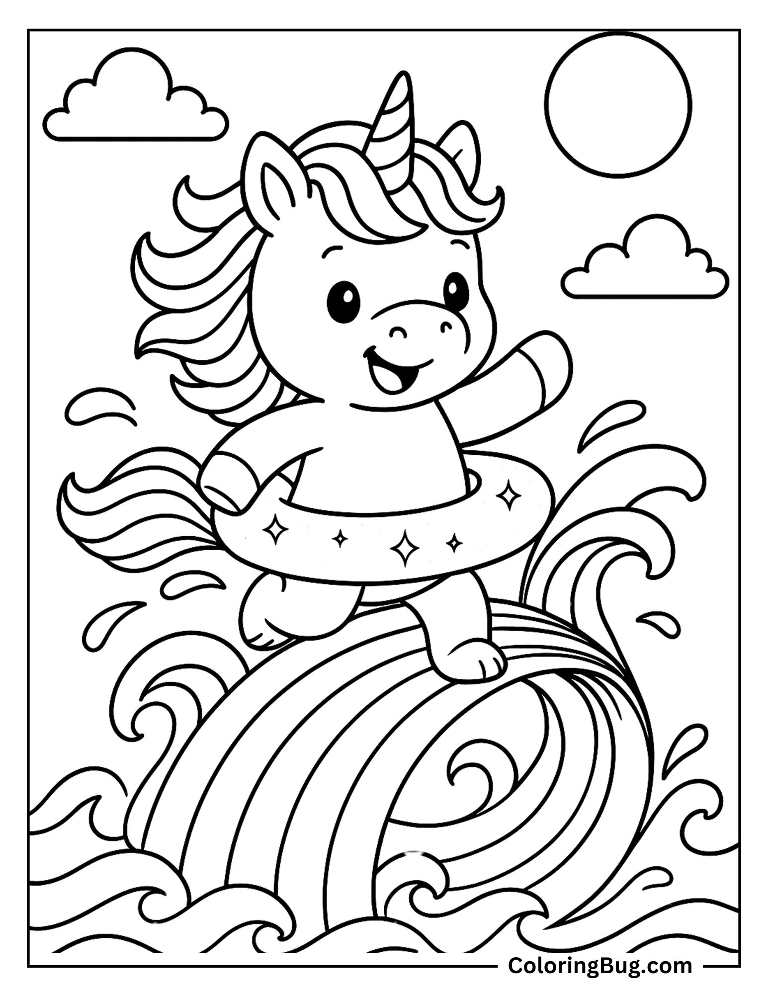 Unicorn Riding a Rainbow Wave on a Glittery Surfboard Coloring Sheet