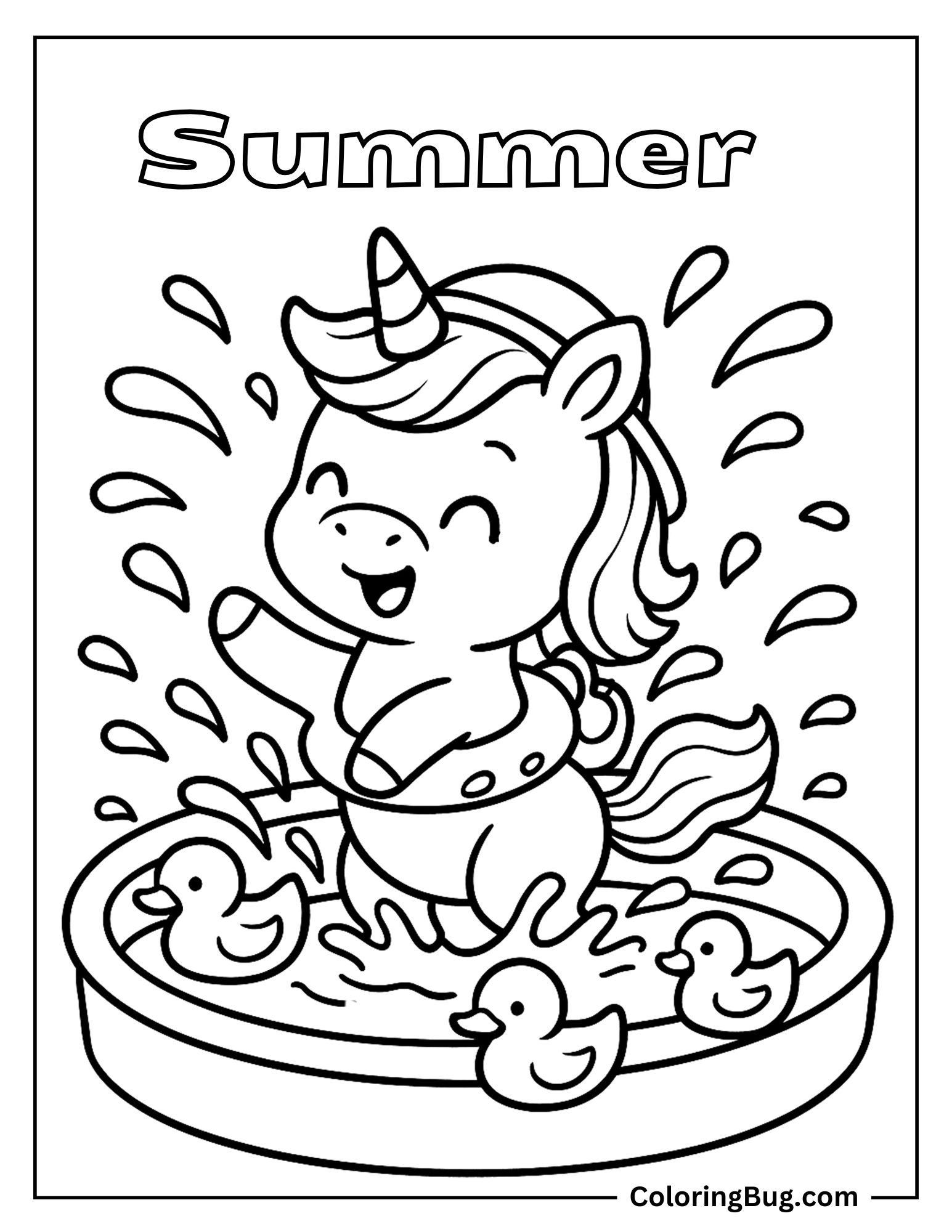 Unicorn Splashing Water in Pool With Rubber Ducks Coloring sheet