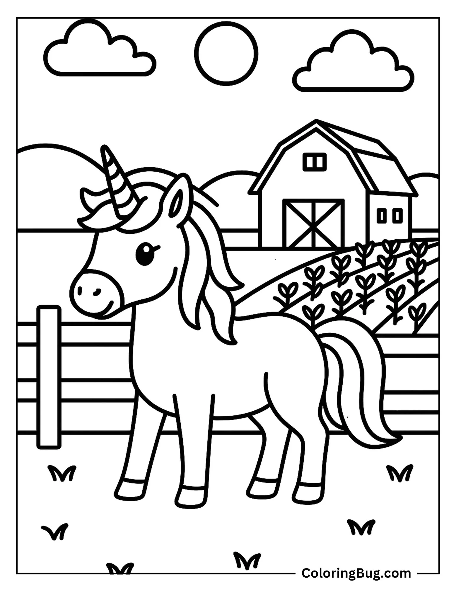 Unicorn Standing Near a Wooden Fence With a Barn and Summer Crops Coloring sheet