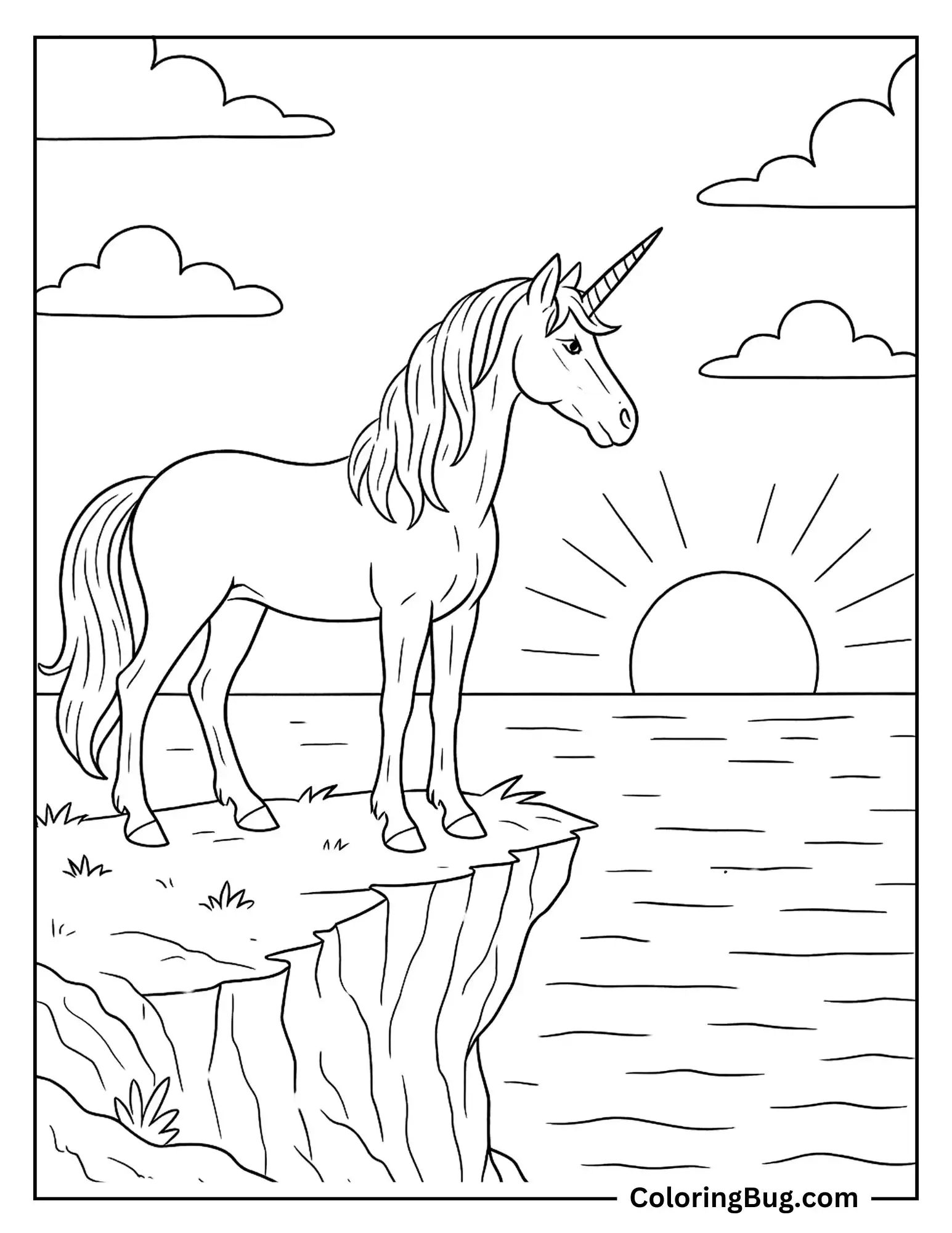 Unicorn Overlooking the Ocean Sunset Coloring sheet