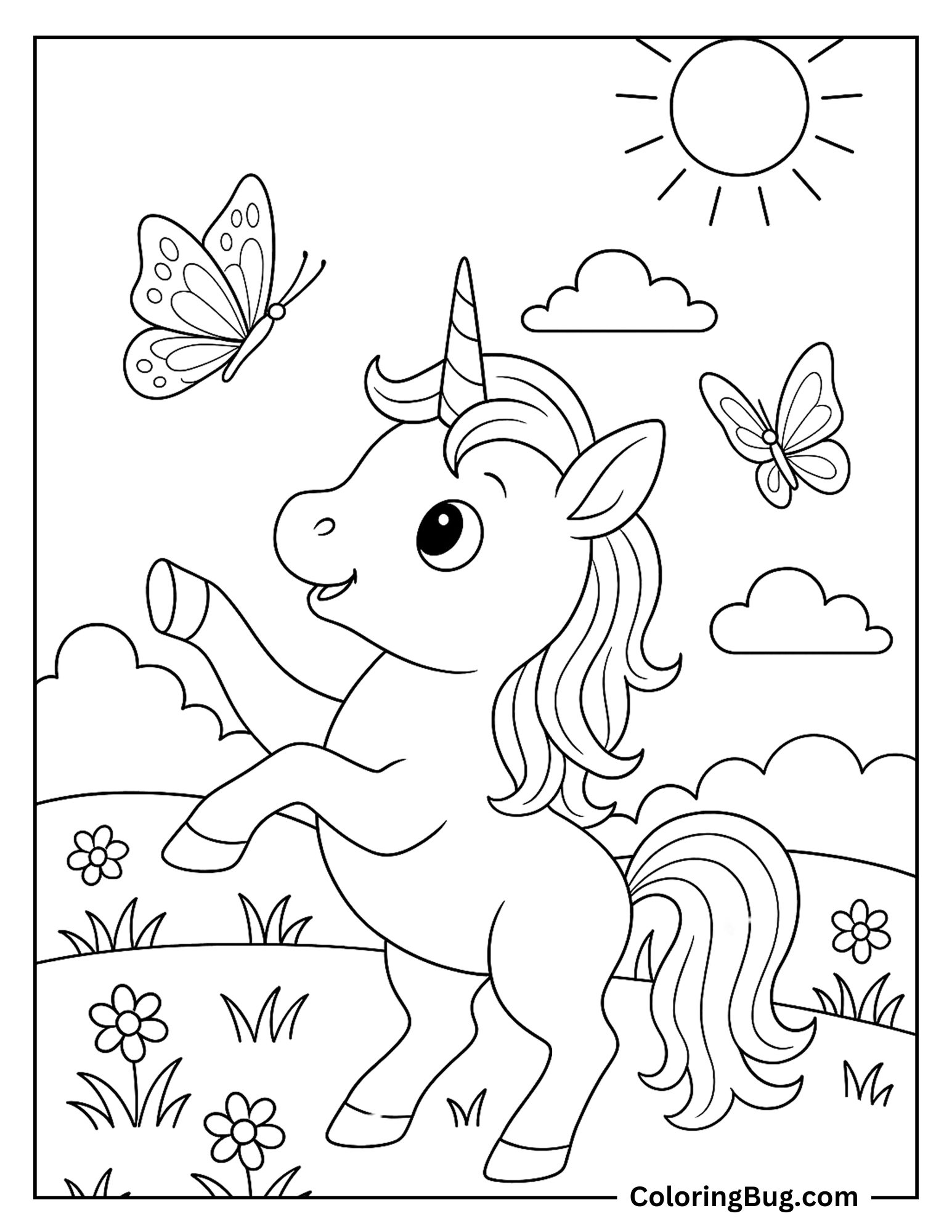 Unicorn Trying To Catch Butterflies Coloring sheet
