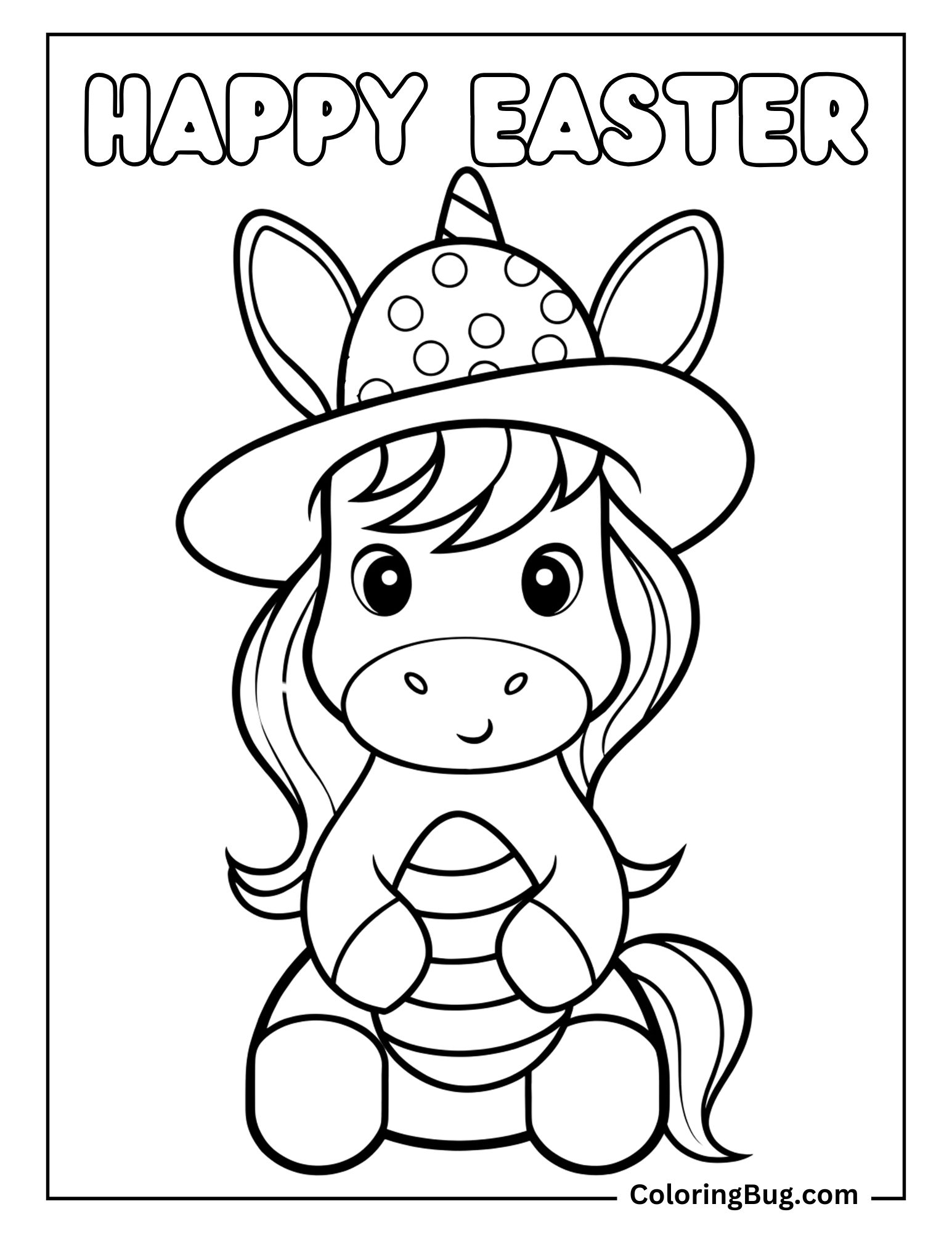 Unicorn Waring Easter Hat And Holding Easter Egg Coloring sheet