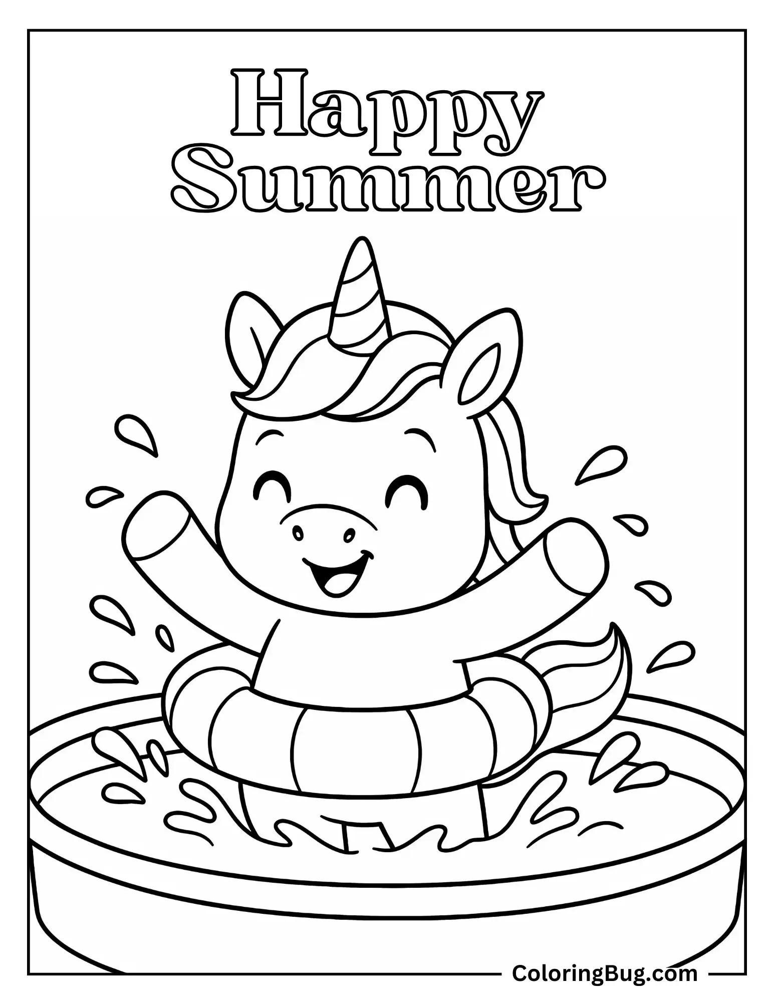 Unicorn Wearing Floatie Splashing Water Coloring Sheet