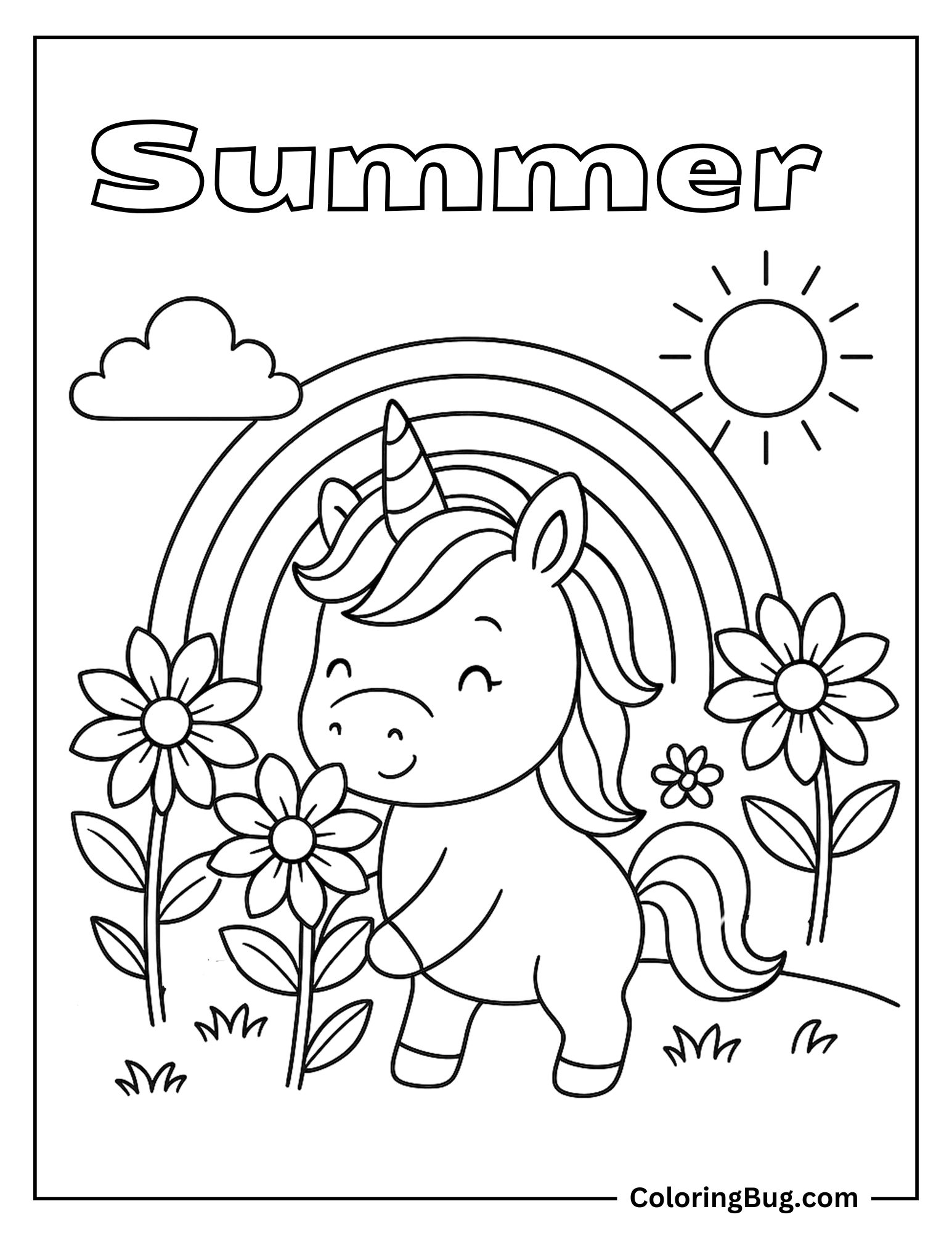 Unicorn With Summer Flowers And Rainbow Coloring sheet