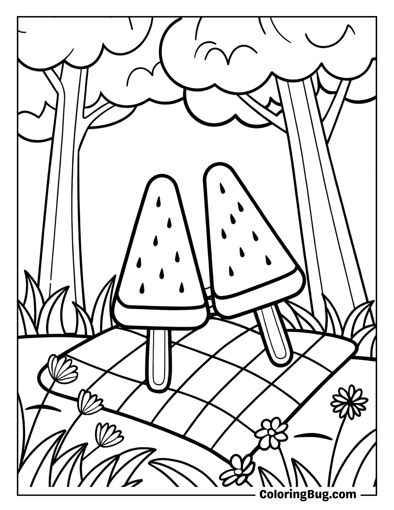 Watermelon Popsicles on a Picnic Blanket Coloring Sheet