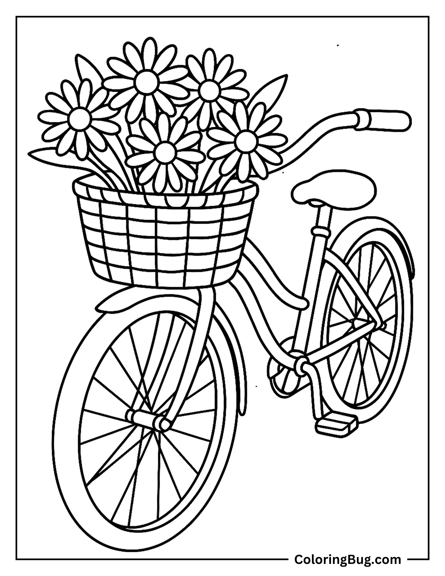 Wicker Bike Basket Holding a Bouquet of Daisies Coloring Sheet