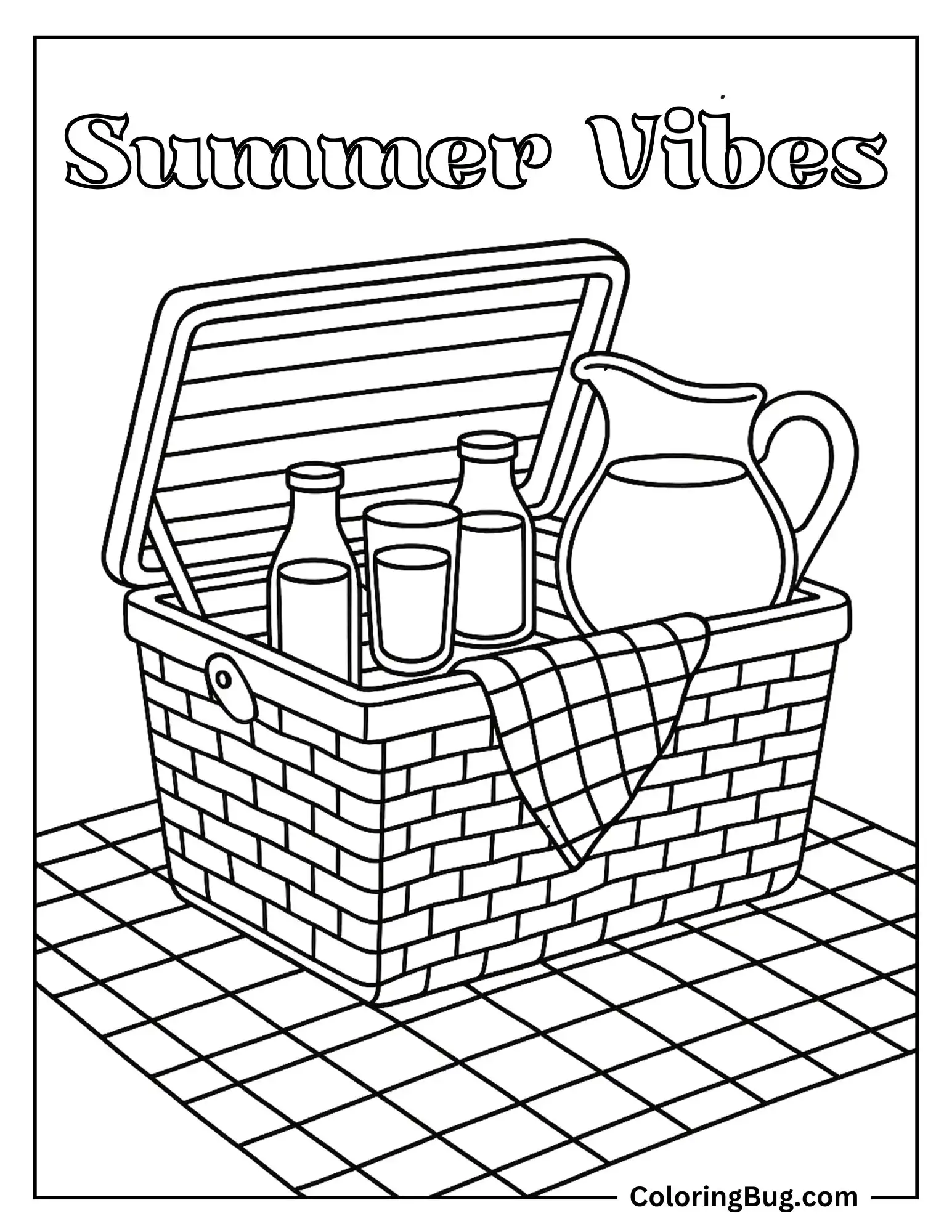 Wicker Picnic Basket With Gingham Napkins and Lemonade Glasses Coloring sheet