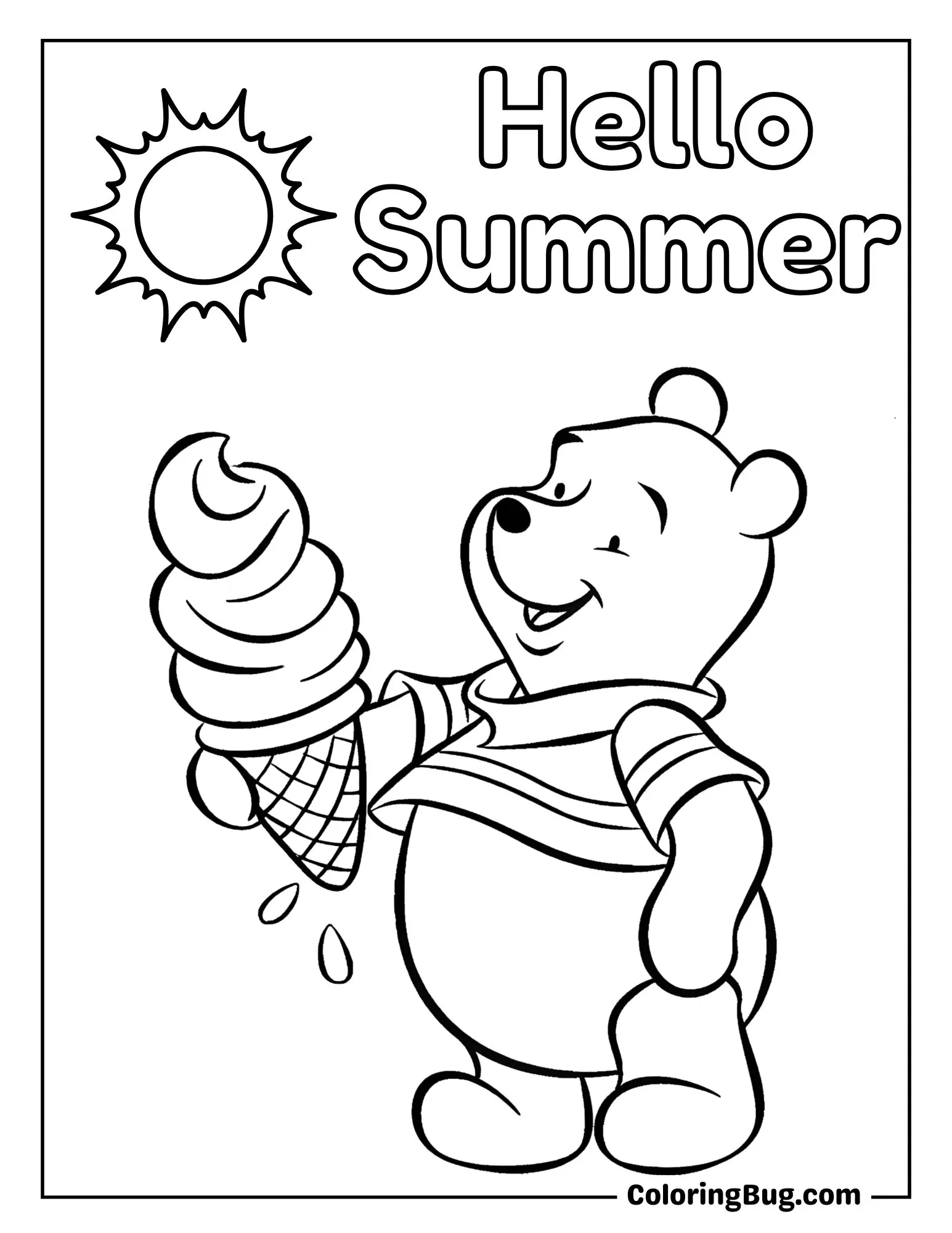 Winnie The Pooh Having Ice Cream on a Hot Sunny Day Coloring Sheet