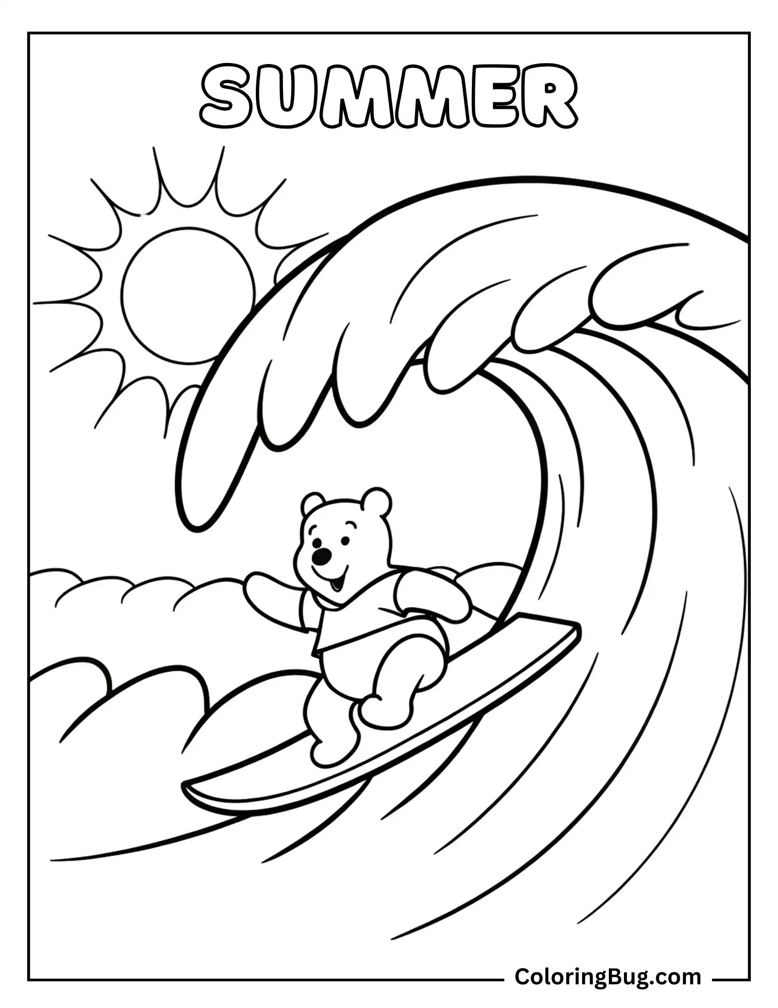 Winnie The Pooh Surfing on Big Wave With a Summer Sun in the Sky Coloring Sheet