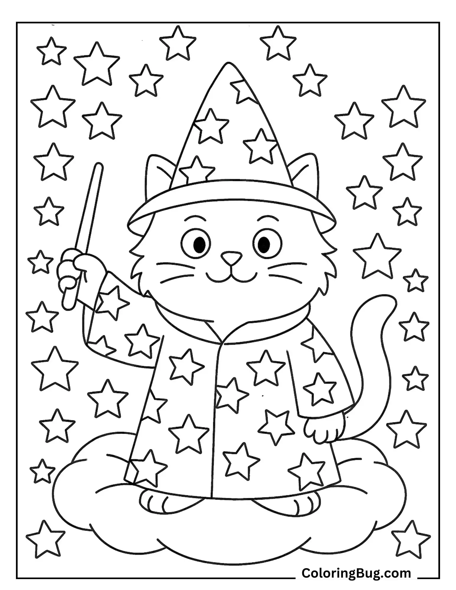 Wizard Cat Surrounded By Stars Coloring Sheet