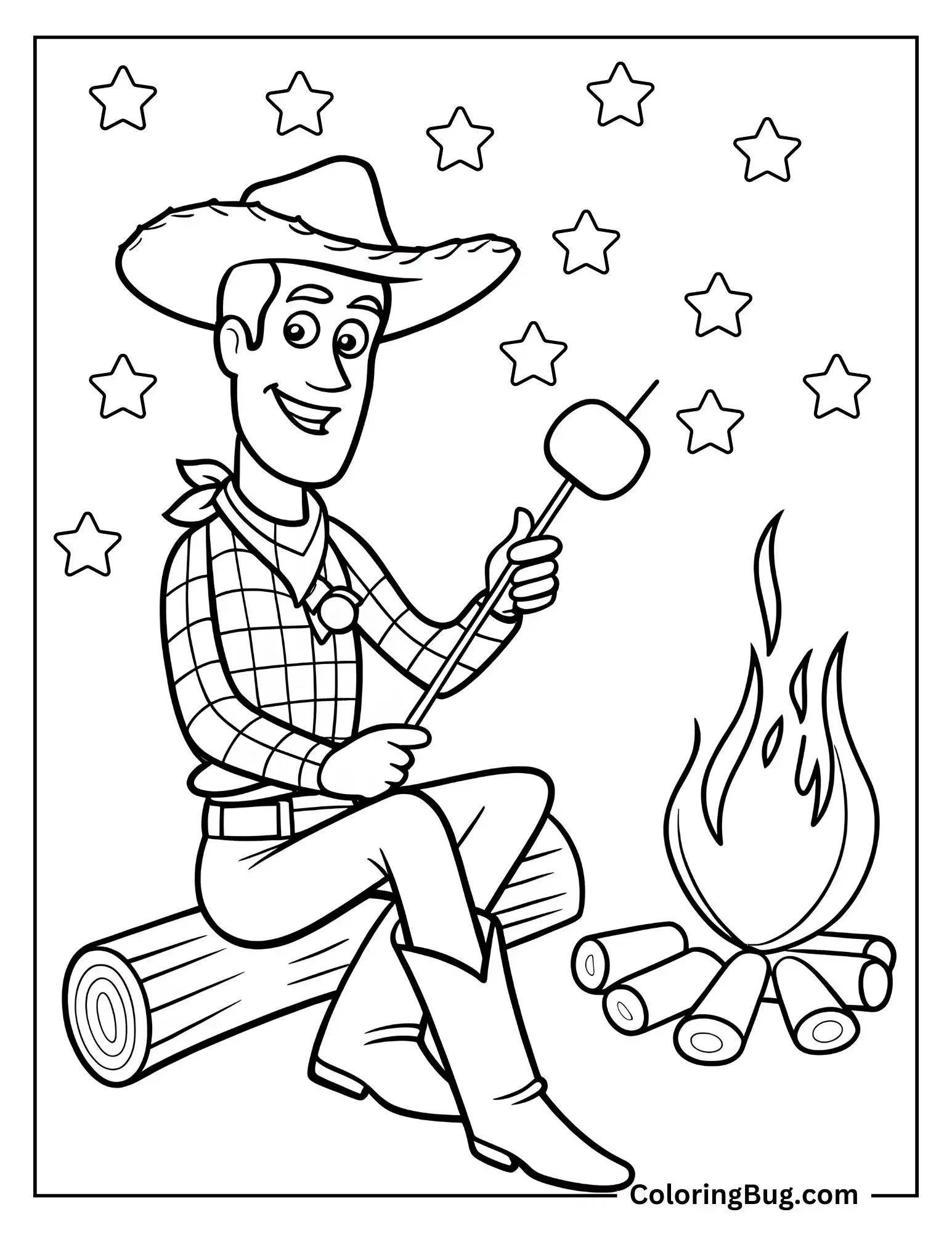 Woody Roasting Marshmallows at a Summer Campfire Under Stars Coloring Sheet
