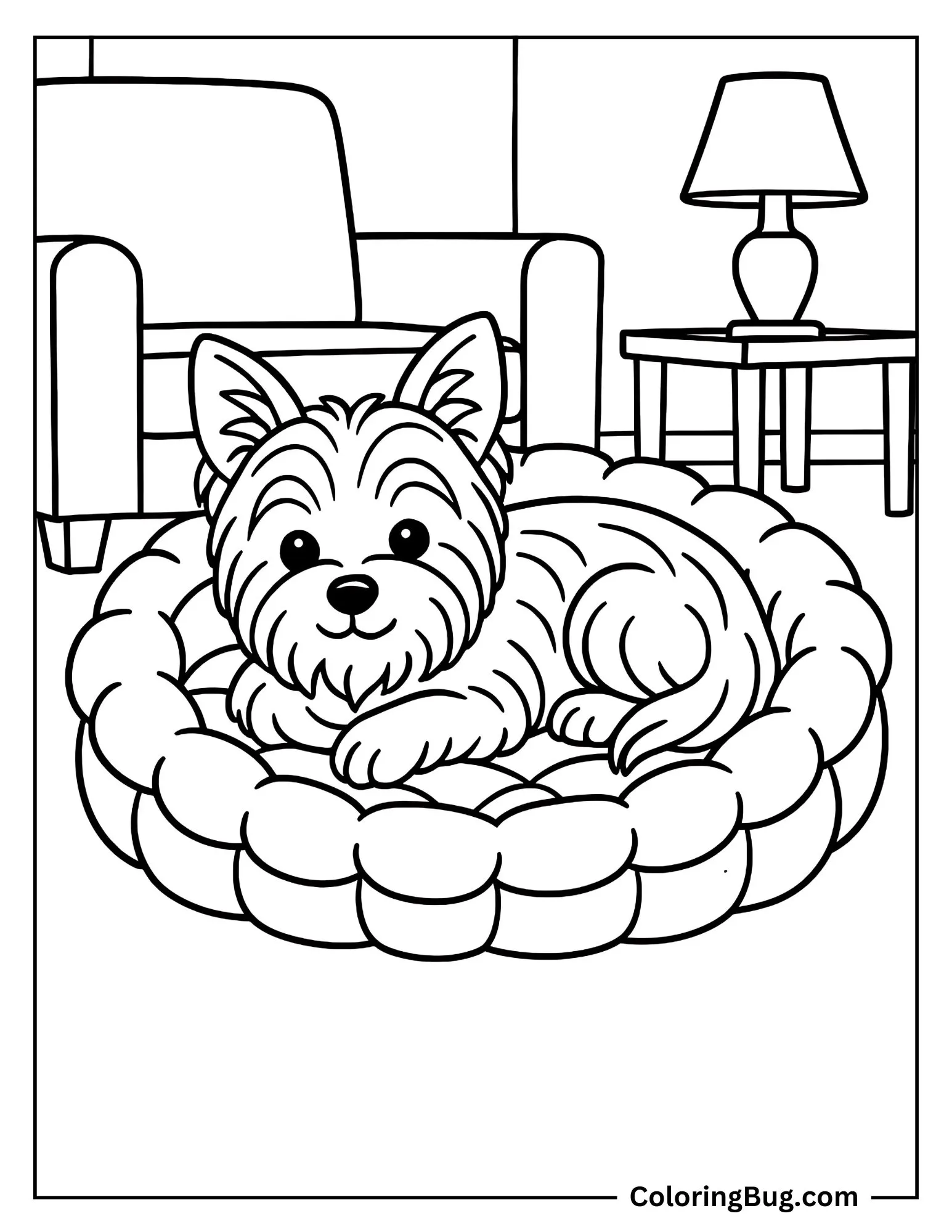 Yorkie Cuddled up in a Cozy Dog Bed Coloring sheet