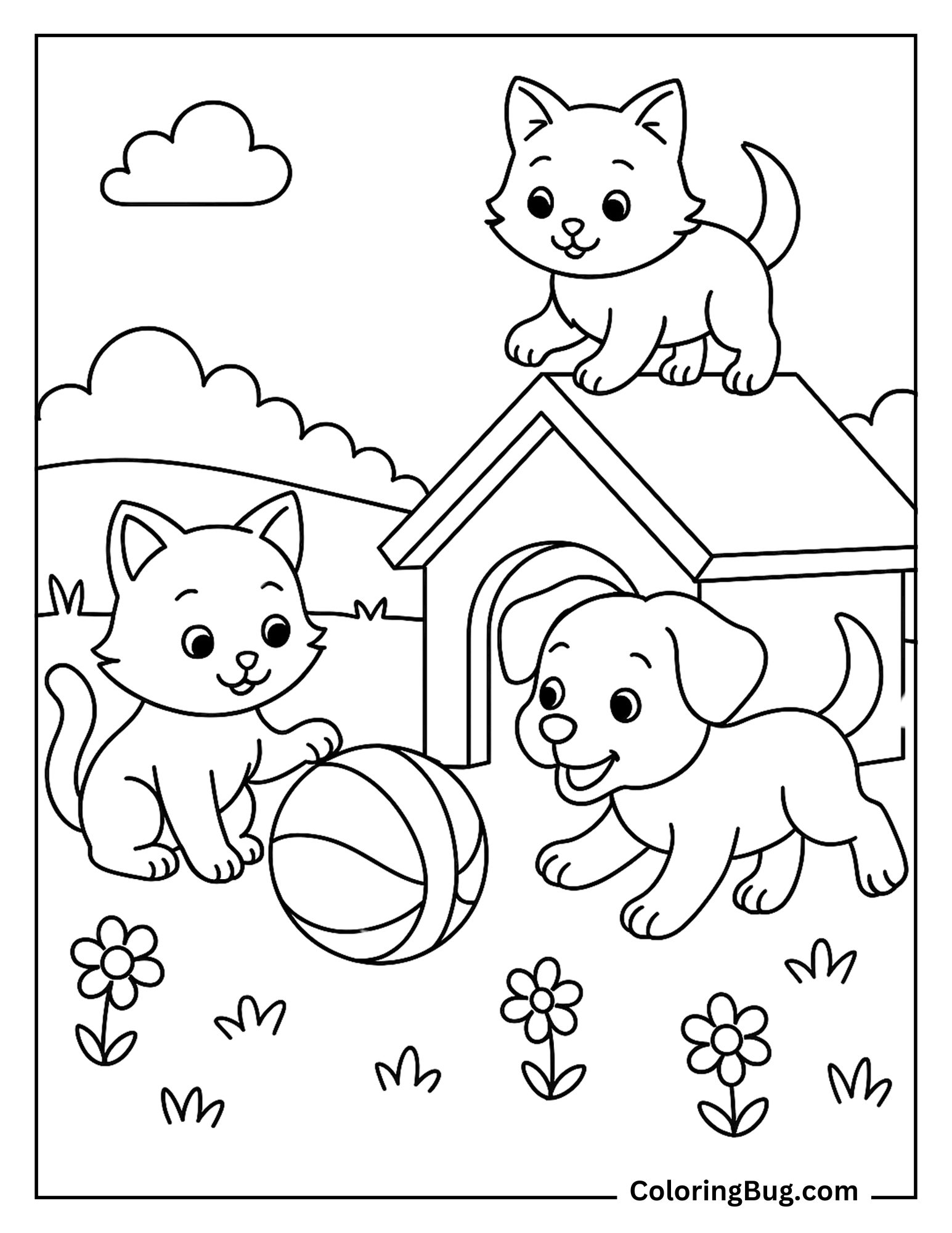 2 Cute Cats and Dog Playing With Ball Coloring Sheet