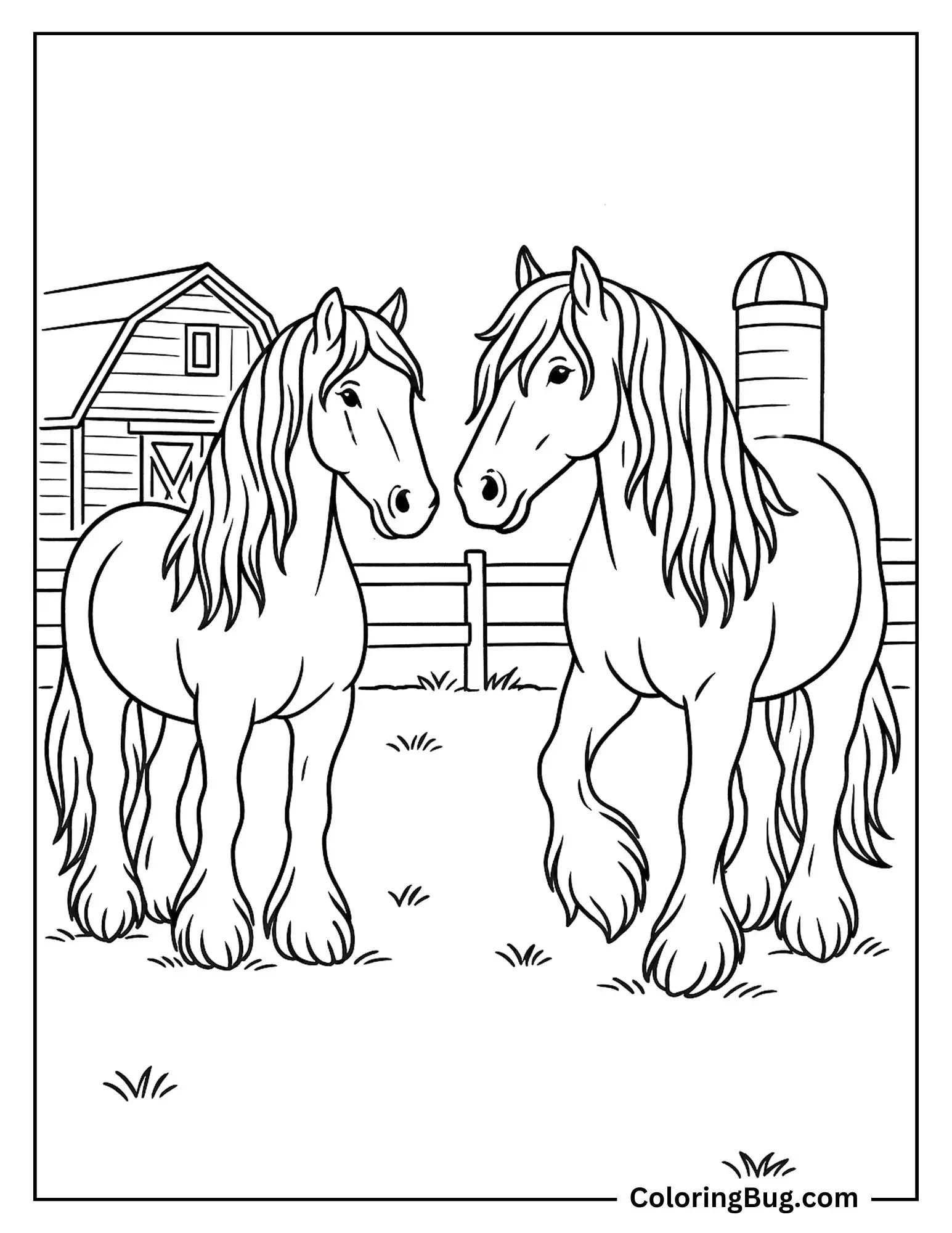 2 Gypsy Horse Standing in Farm Coloring Sheet