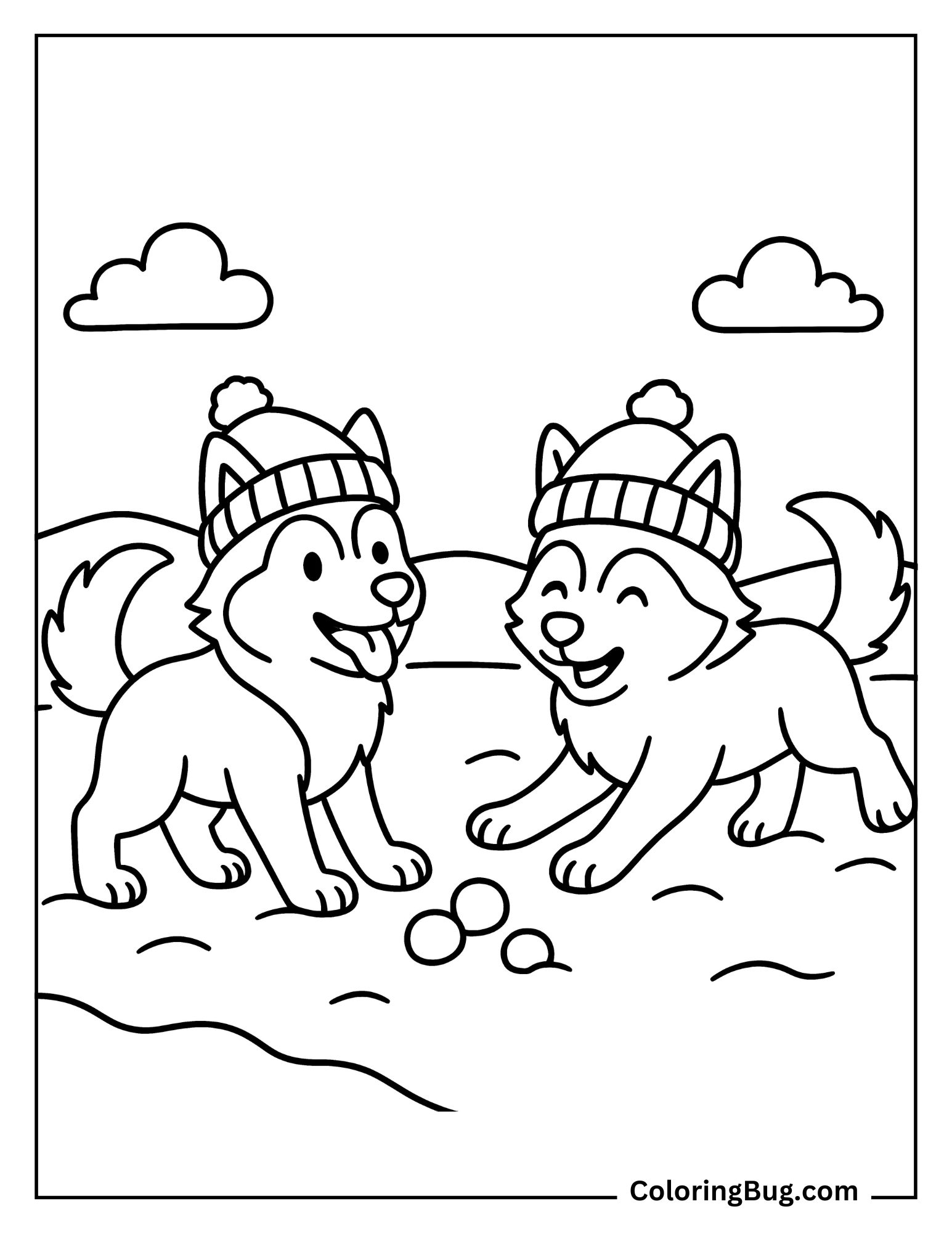 2 Huskies Playing in Snow Coloring Sheet