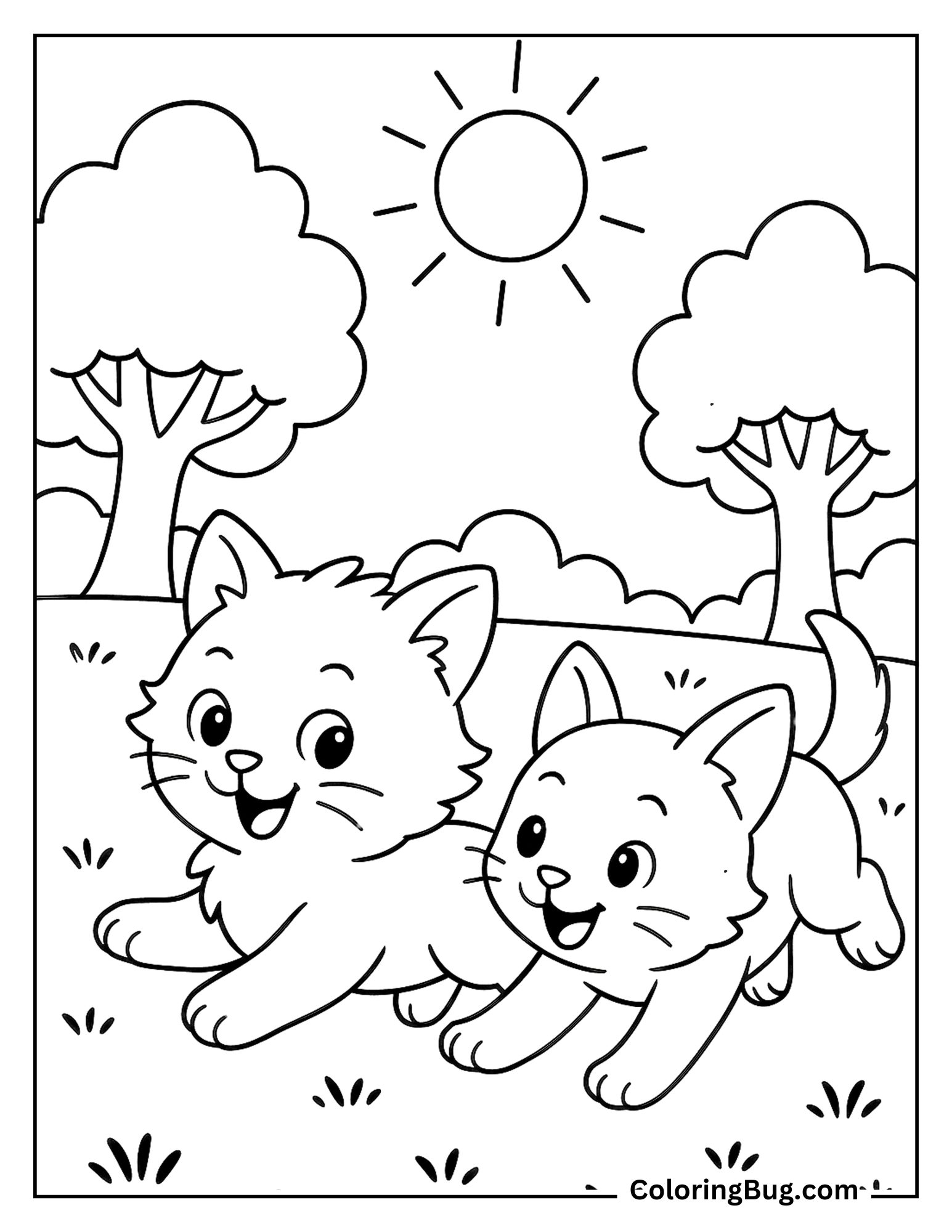 2 Kittens Running in Meadow coloring Sheet
