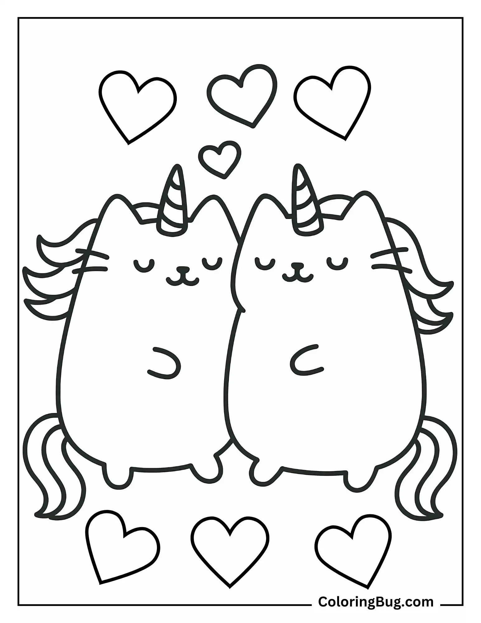 2 Pusheen Unicorn Cats in Love Coloring Sheet