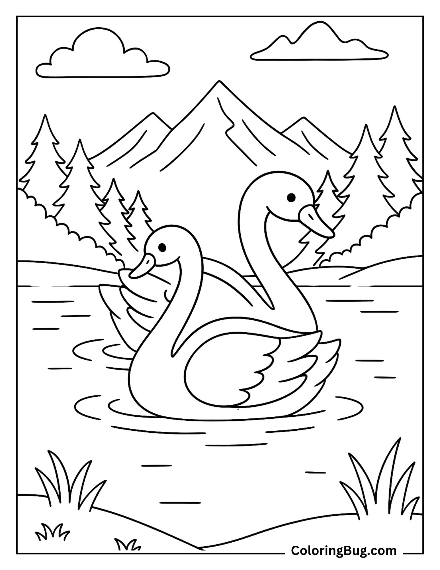 2 Swans in Lake Coloring Sheet
