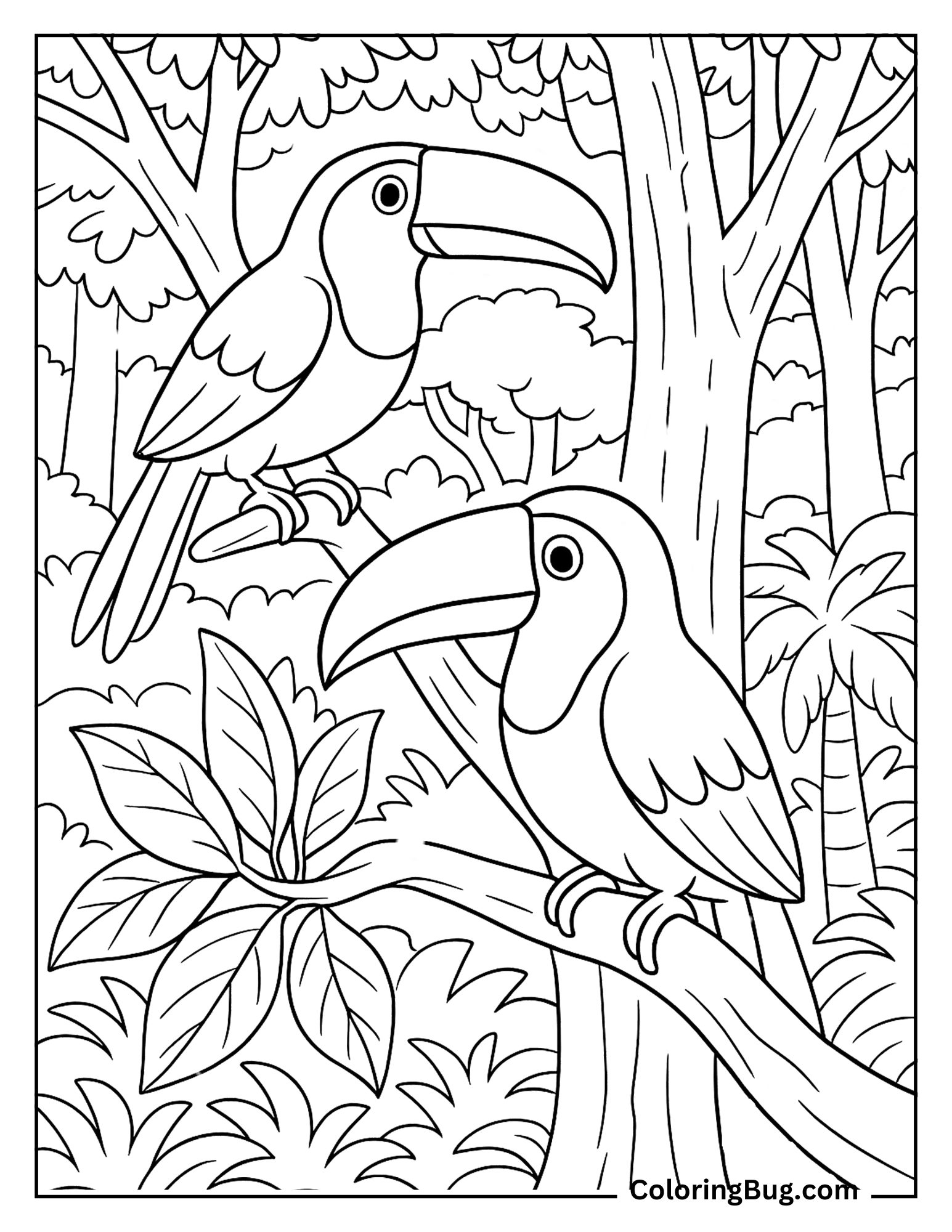 2 Toucan Parrots In Lush Jungle Coloring Sheet