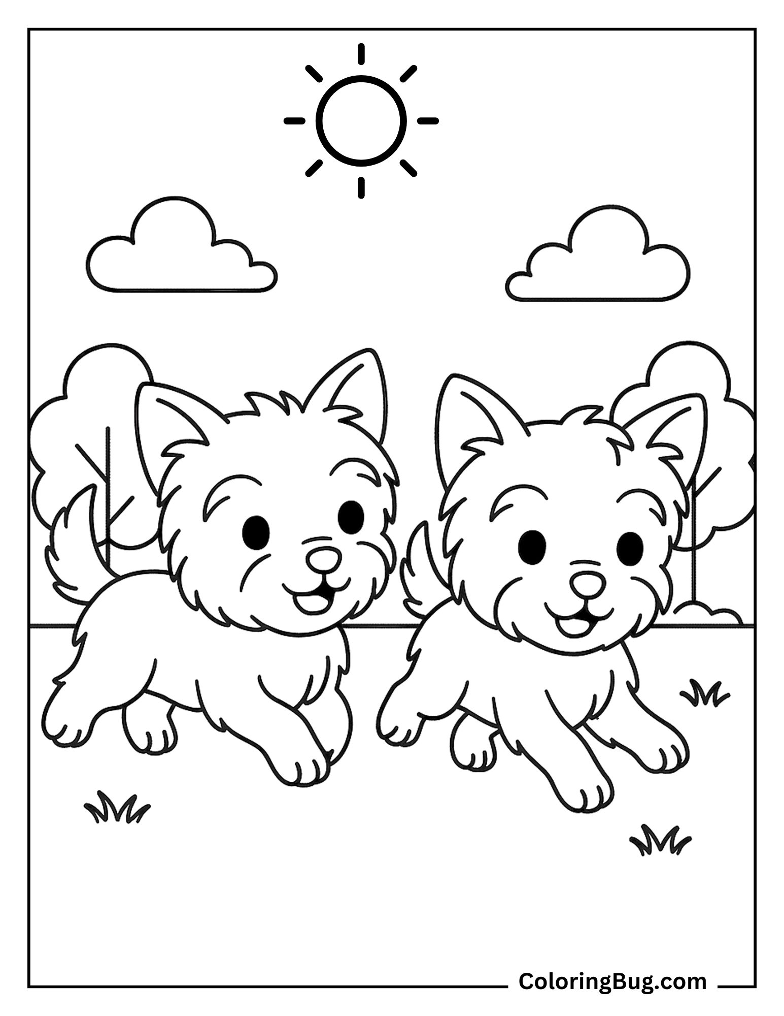 2 Yorkie Puppies Running in Park Coloring Sheet