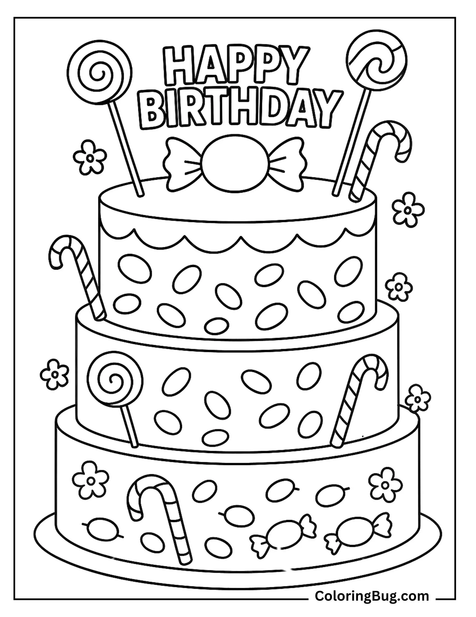 3 tiered big Candy Land Birthday Cake Coloring Sheet