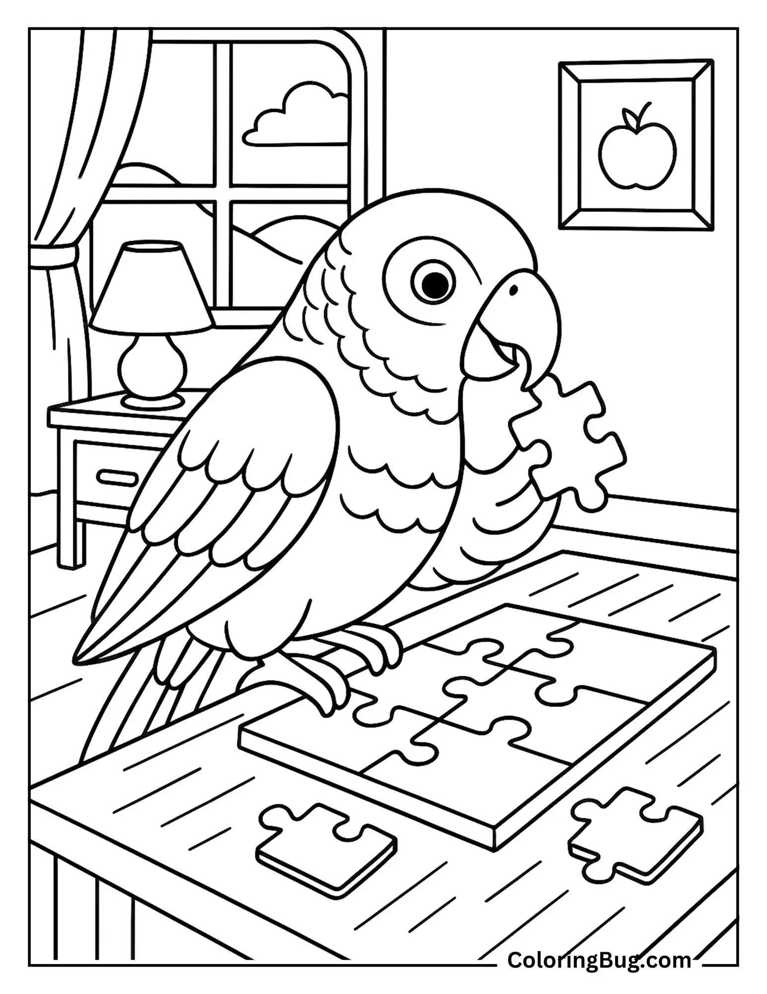 African Grey Parrot Solving a Puzzle in Cozy Room Coloring Sheet
