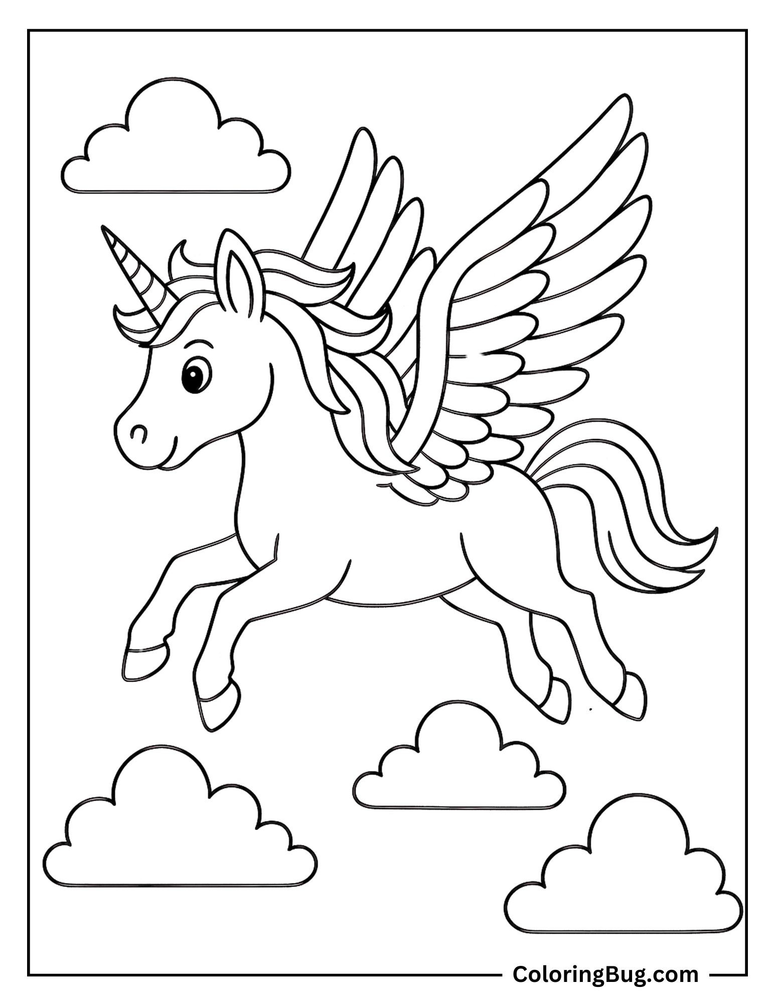 Alicorn Flying Above Clouds Coloring Sheet