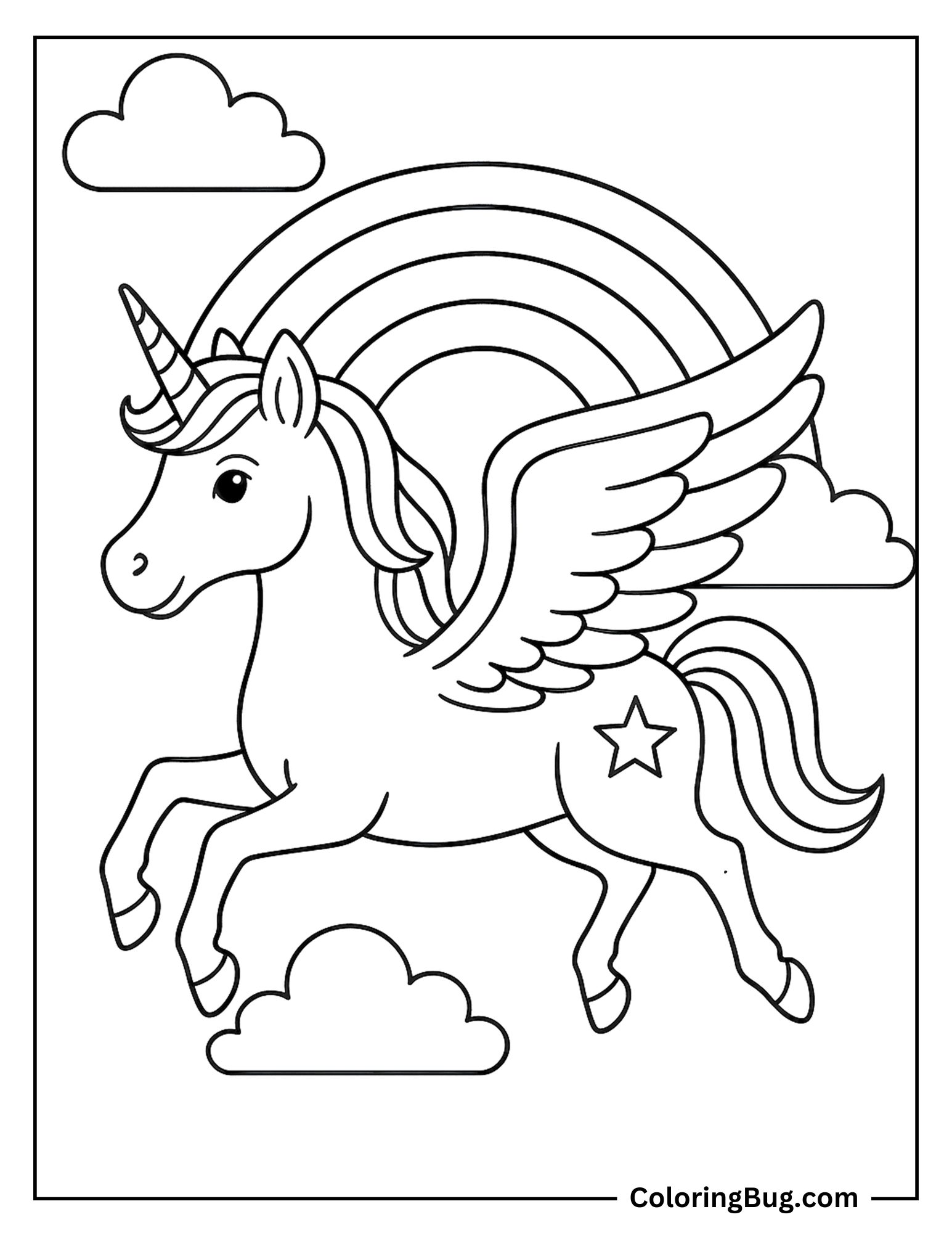 Alicorn Flying With Rainbow Coloring Sheet