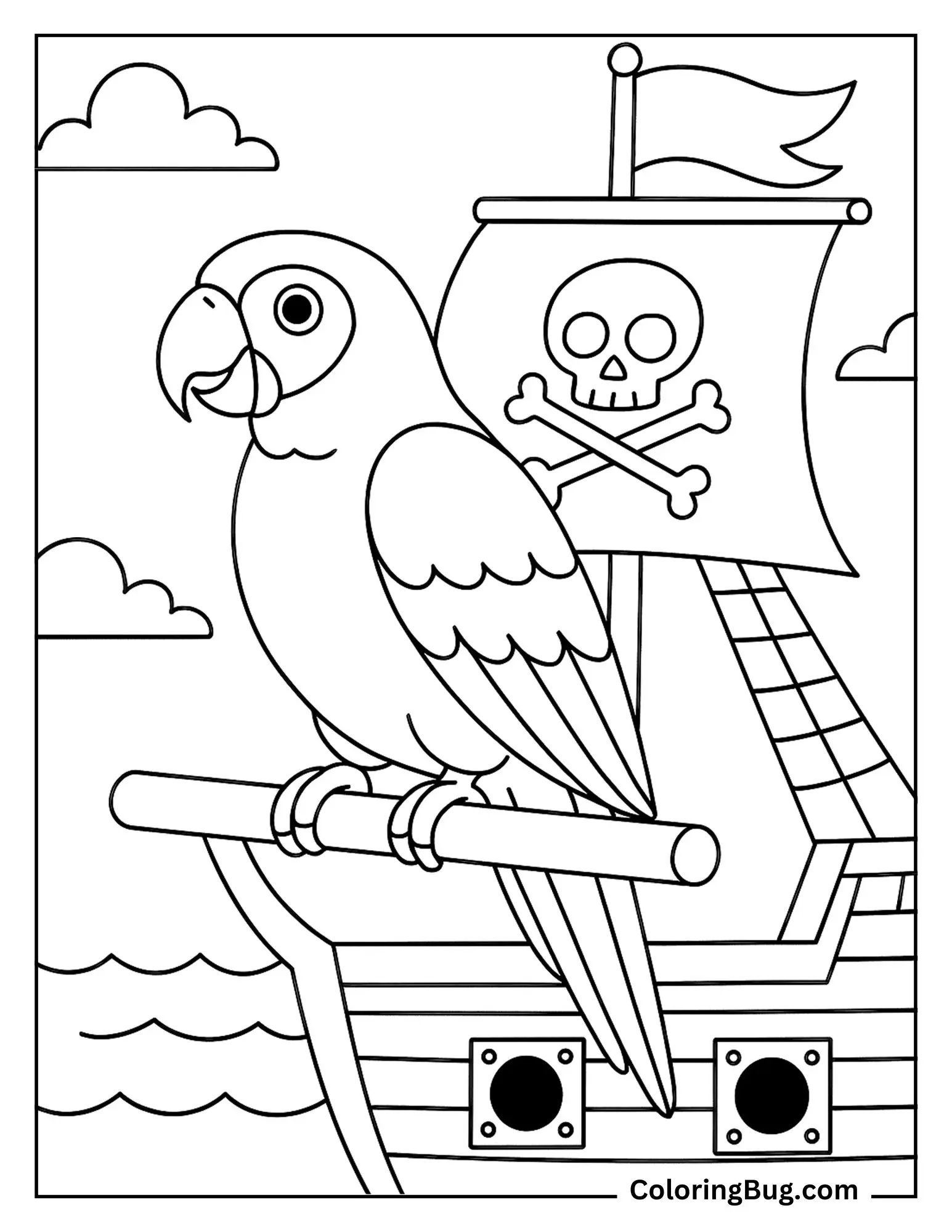 Amazon Parrot Perched on a Pirate Ship Coloring Sheet
