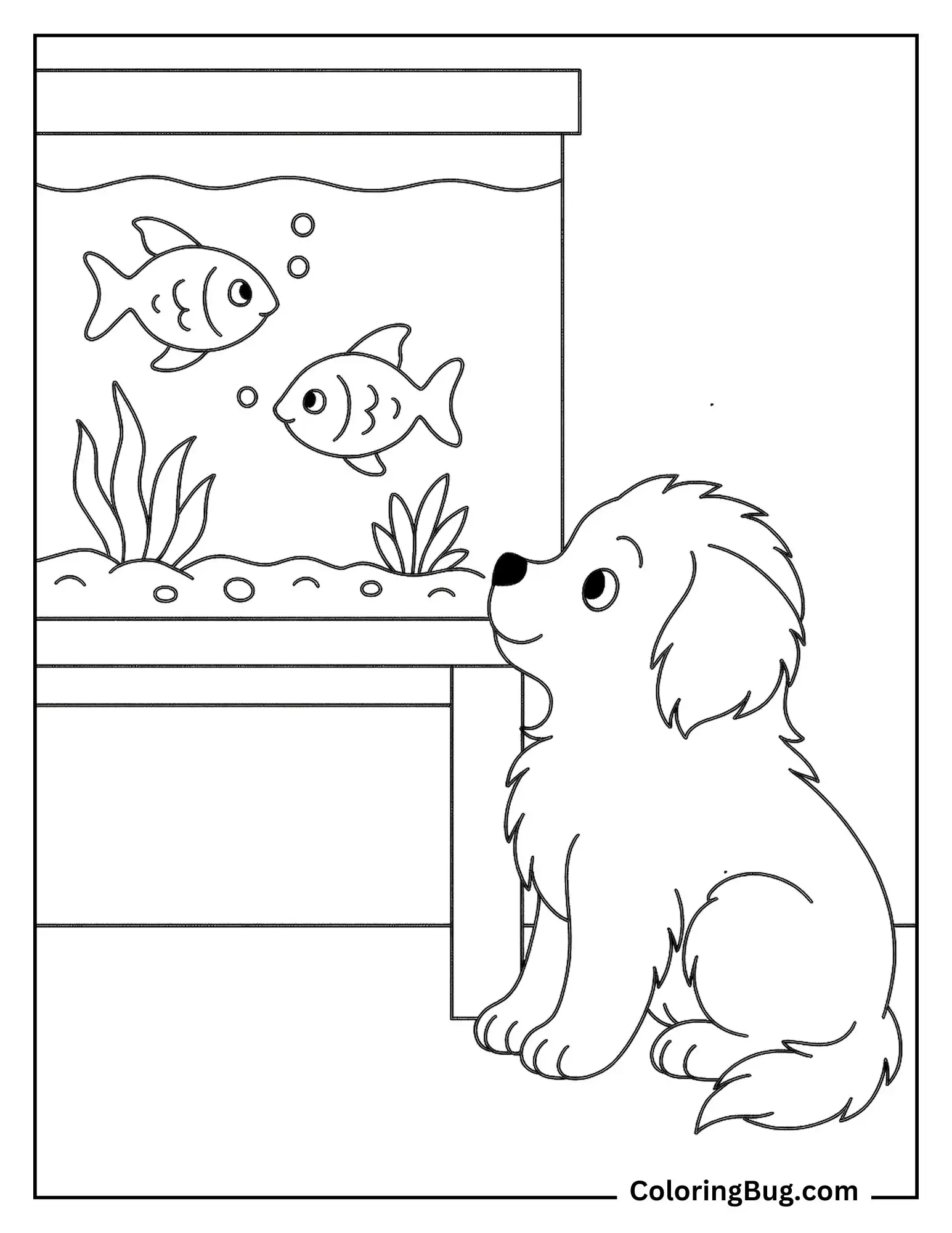 American Eskimo Puppy Watching Fish in Aquarium Coloring Sheet