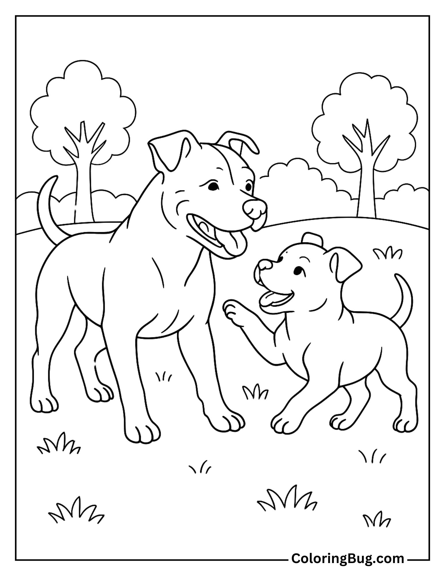 American Pit Bull Terrier Playing with his Pup Coloring Sheet