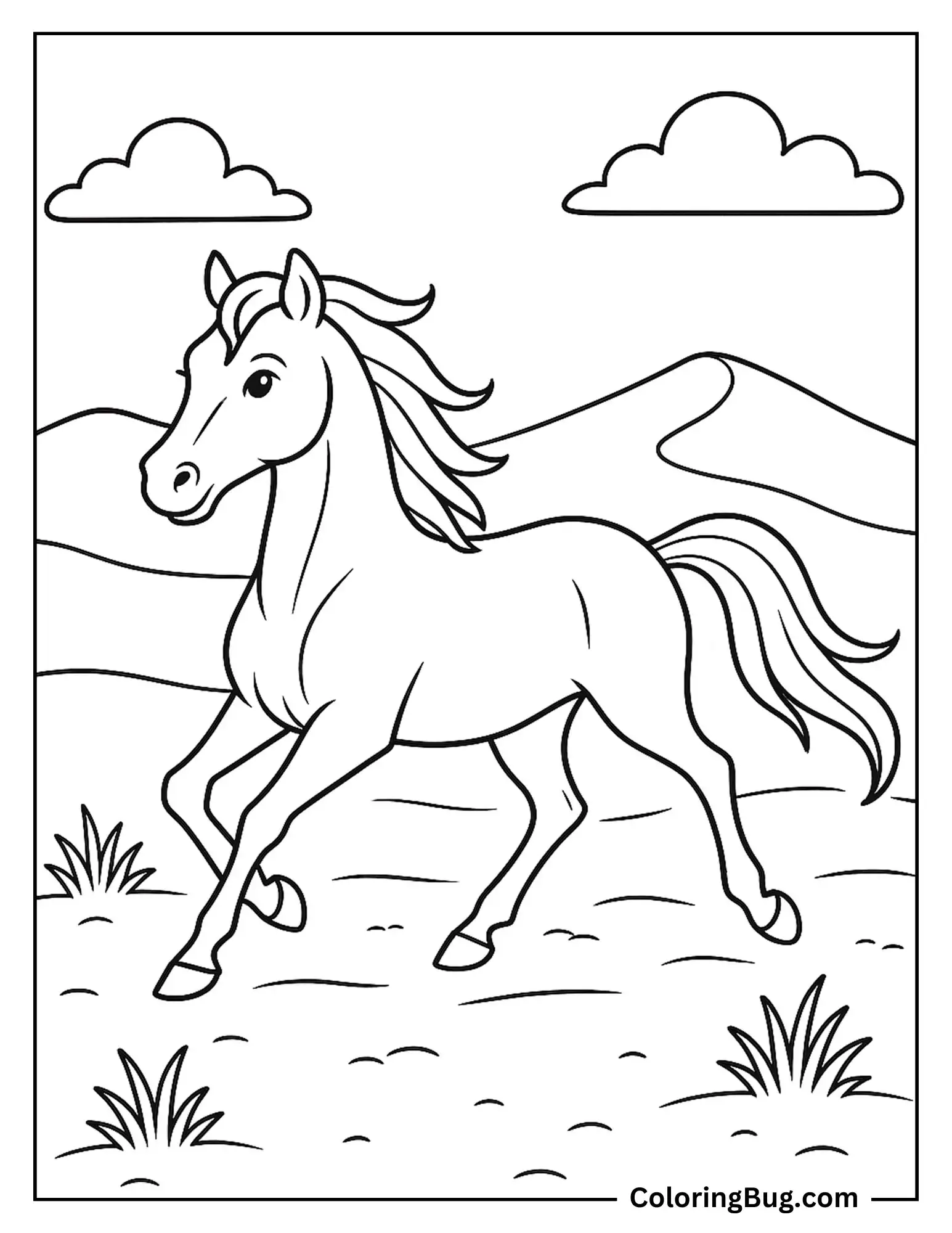 Arabian Horse Galloping Gracefully Across a Sandy Desert Coloring Sheet