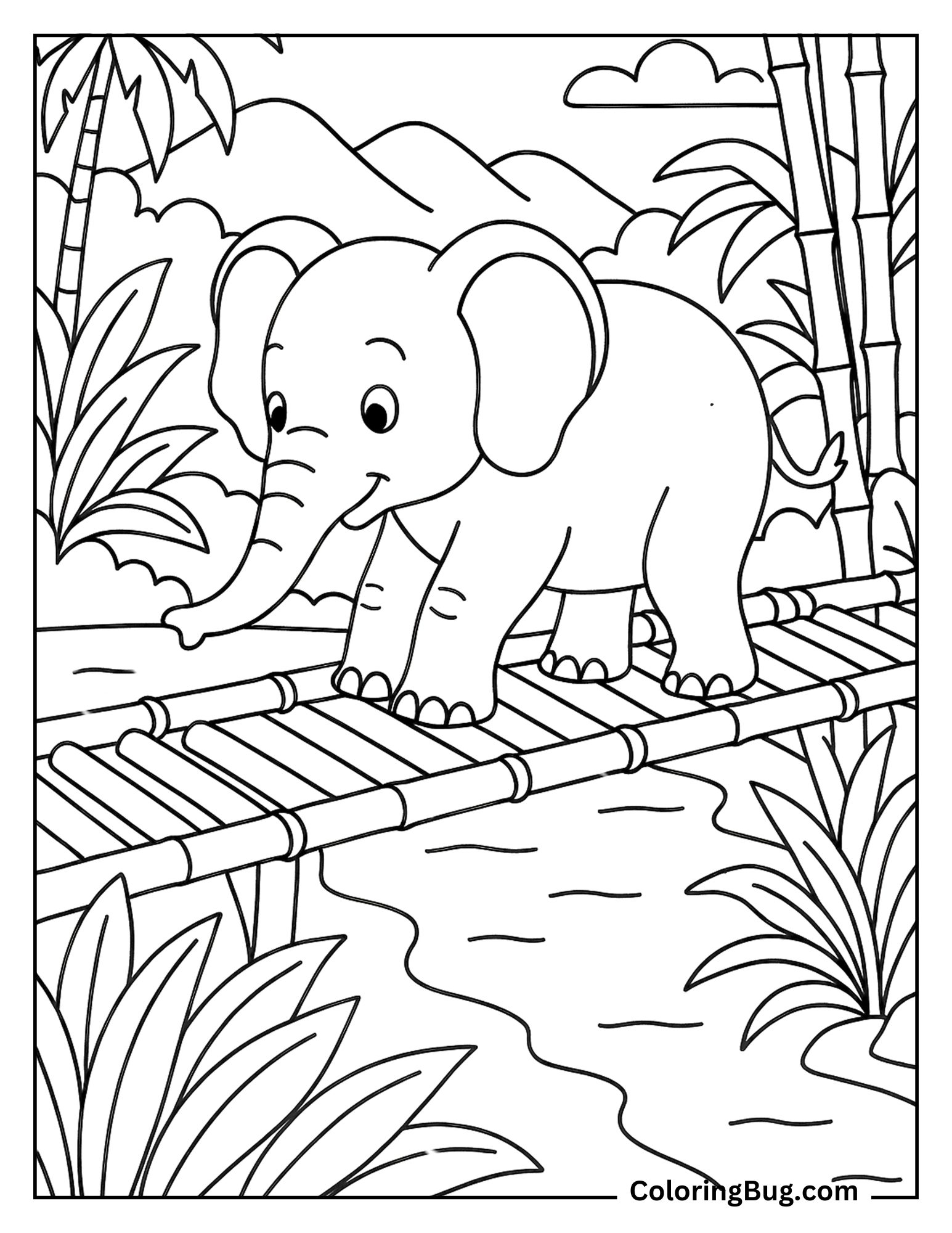 Asian Elephant Crossing Bamboo Bridge Over River in Rainforest Coloring Sheet