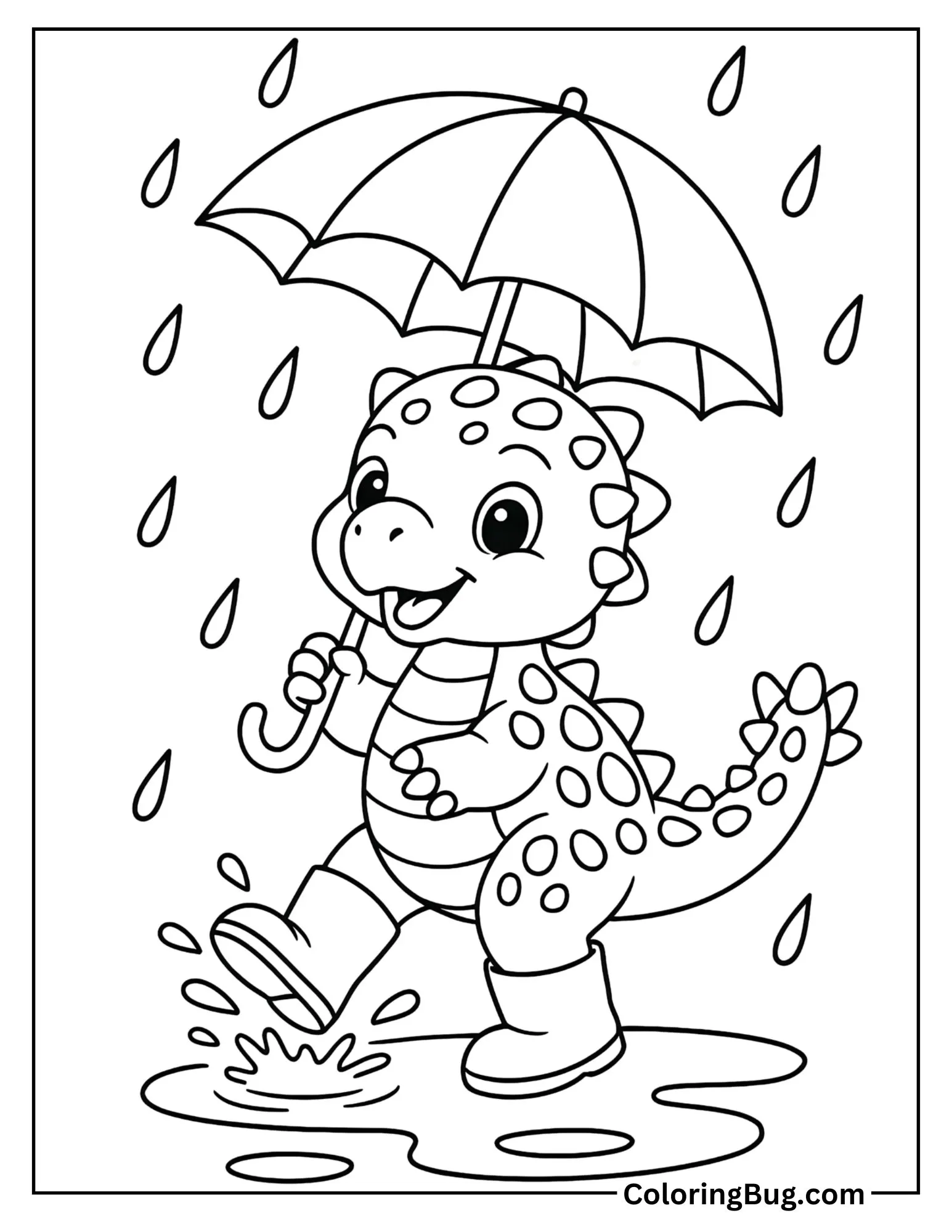 Baby Ankylosaurus Dancing in the Rain Coloring Sheet