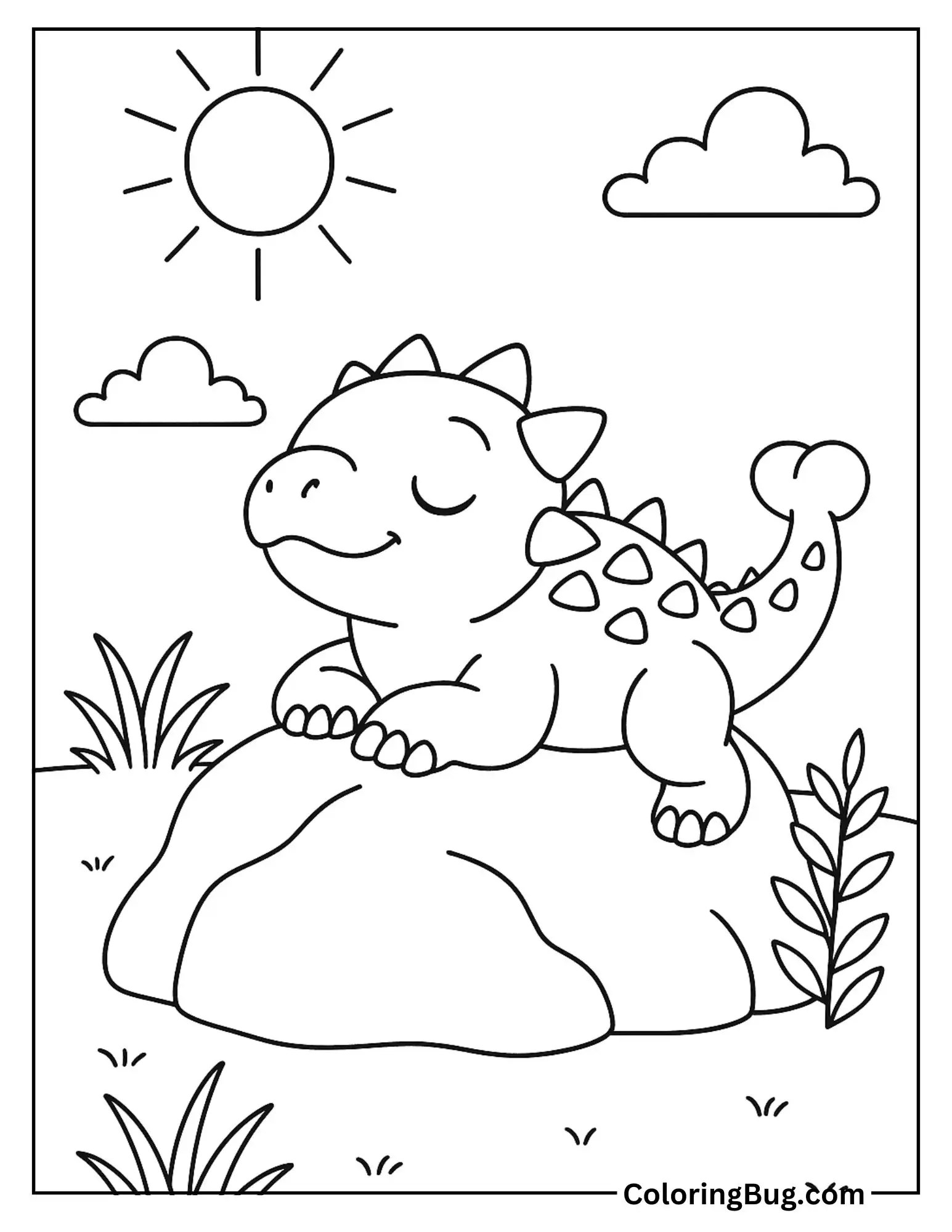 Baby Ankylosaurus Sunbathing on a Rock Coloring Sheet