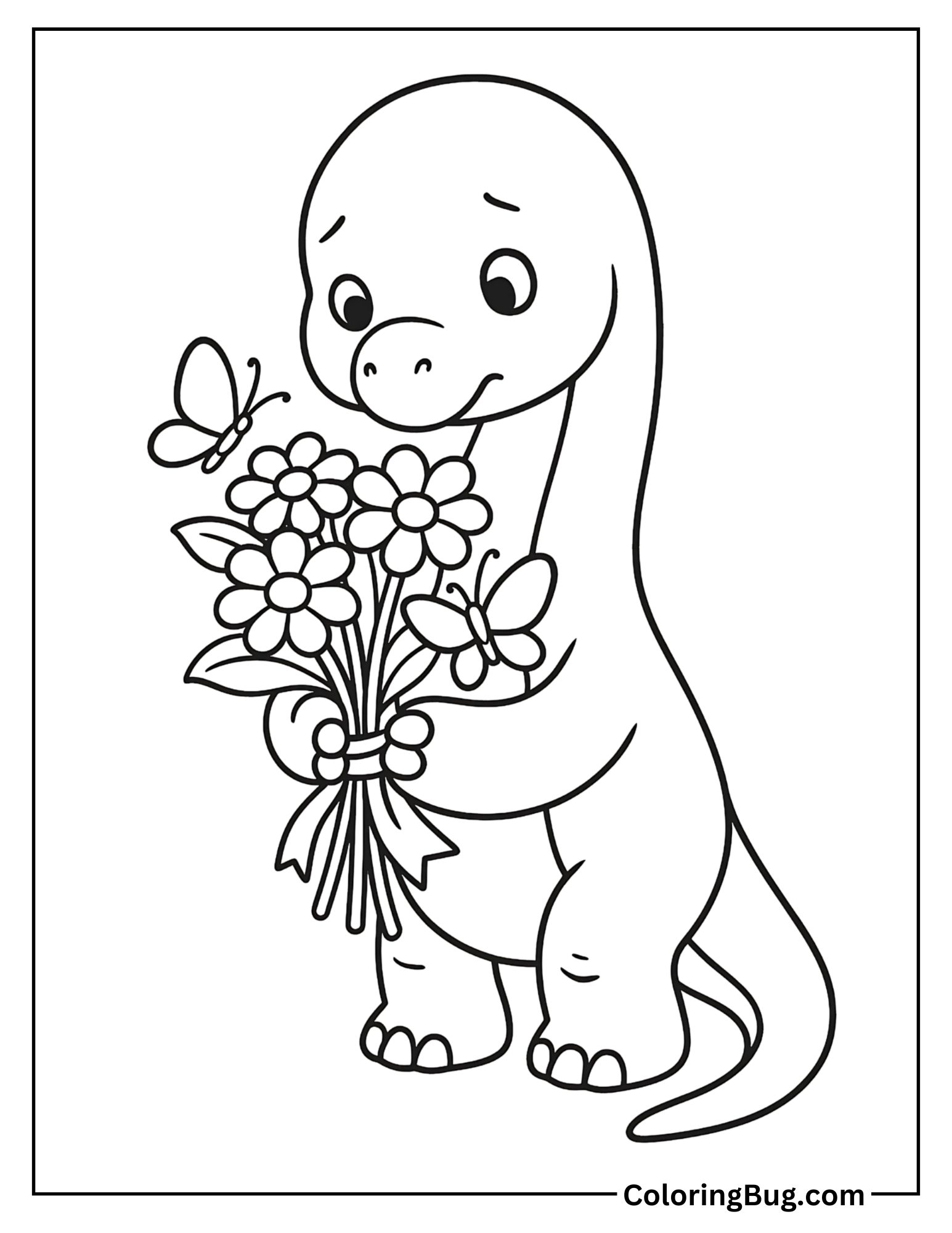 Baby Brachiosaurus Holding a Flower Bouquet Coloring Sheet