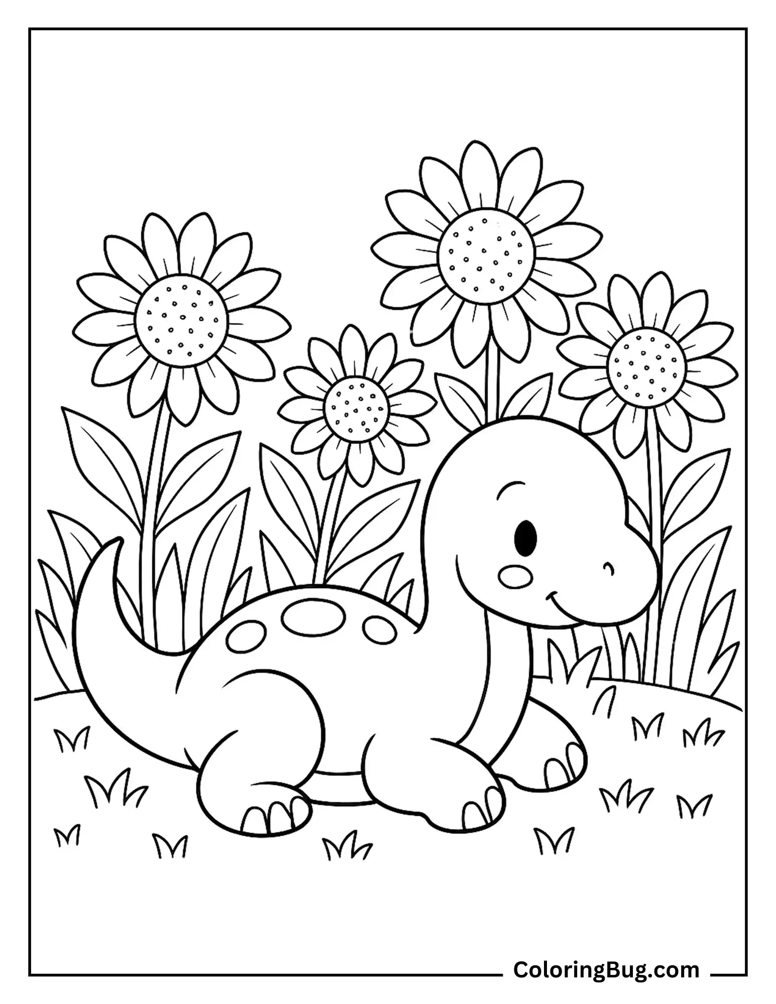 Baby Brachiosaurus Lying Down in a Sunflower Field Coloring Sheet