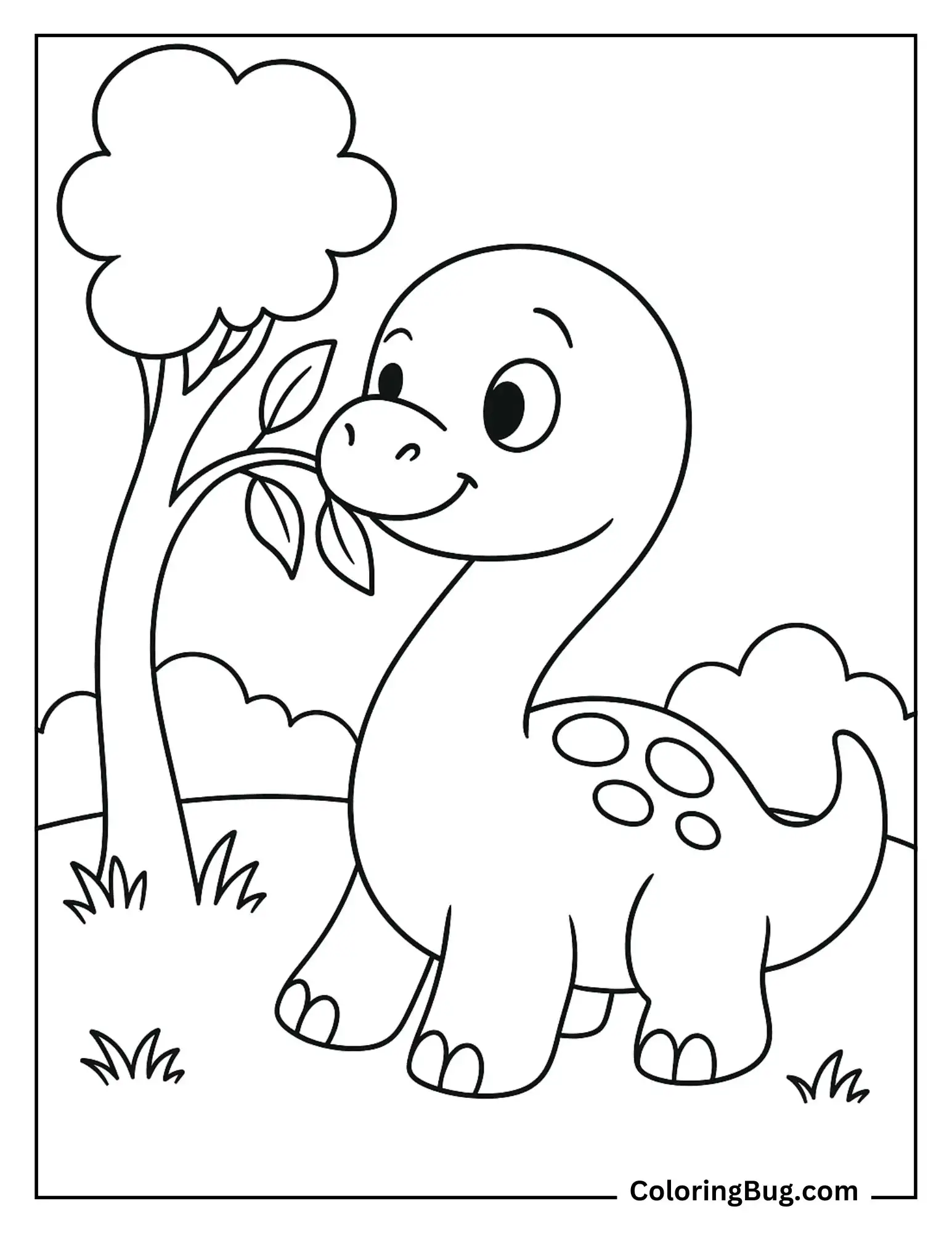 Baby Brontosaurus Nibbling Leaves From a Low Tree Coloring Sheet