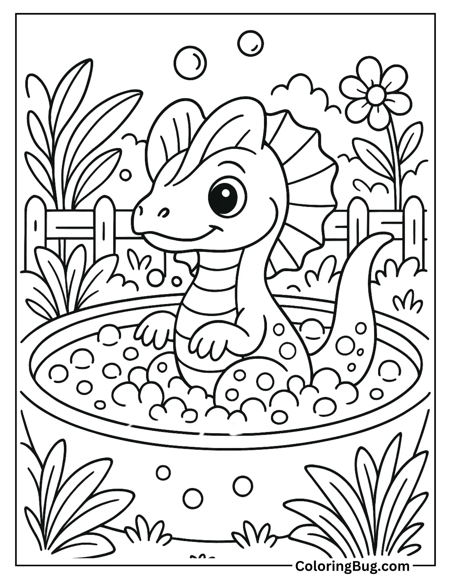 Baby Dilophosaurus Floating in a Bubble Bath Pool Coloring Sheet