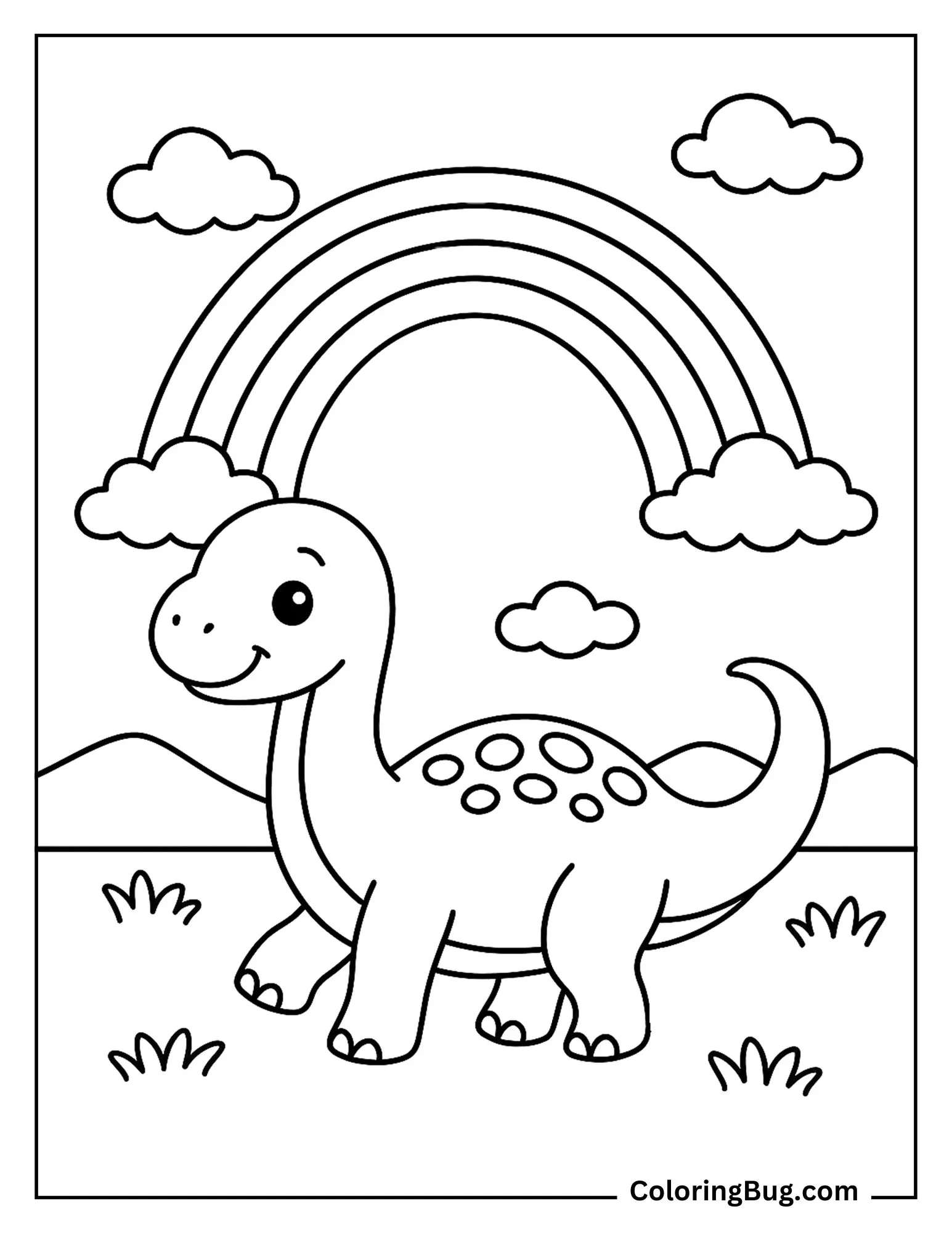 Baby Diplodocus Walking Under a Rainbow Coloring Sheet