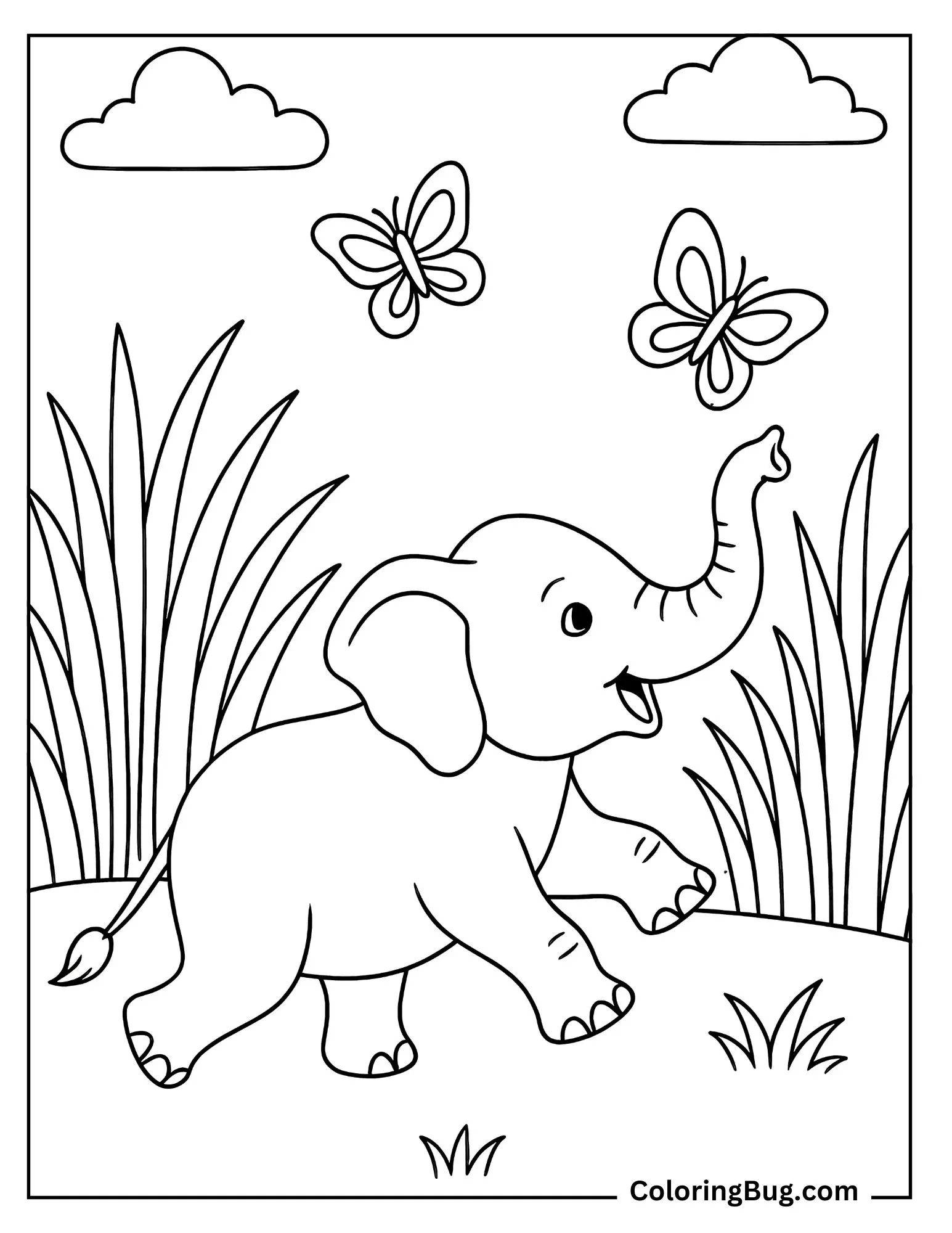Baby Elephant Chasing Butterflies Coloring Sheet