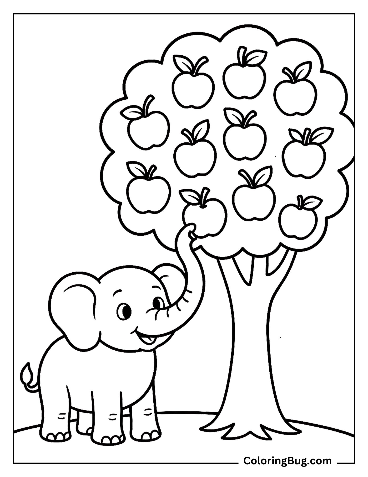 Baby Elephant Picking Apples With Its Trunk Coloring Sheet