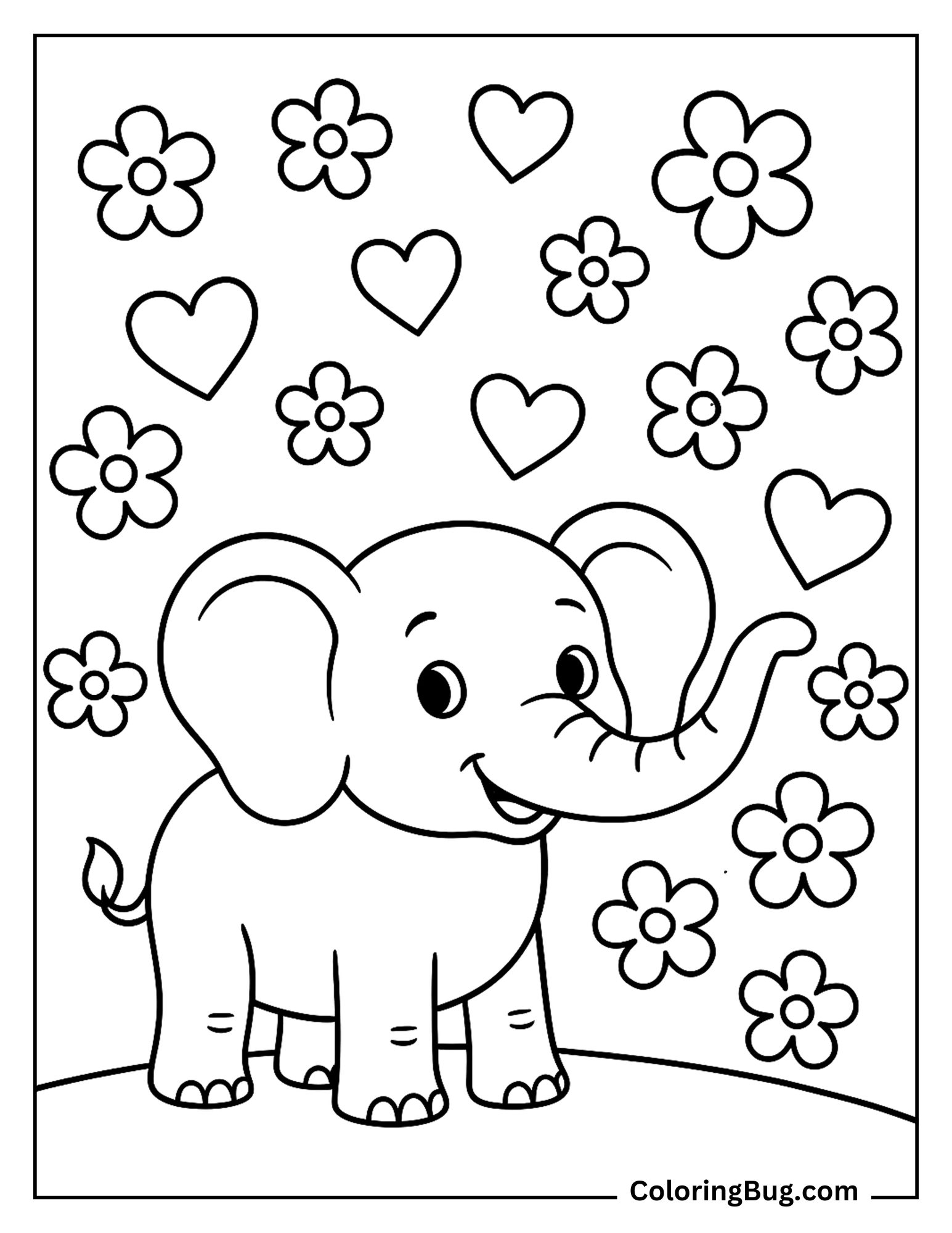 Baby Elephant Surrounded By Hearts And Flowers Coloring Sheet