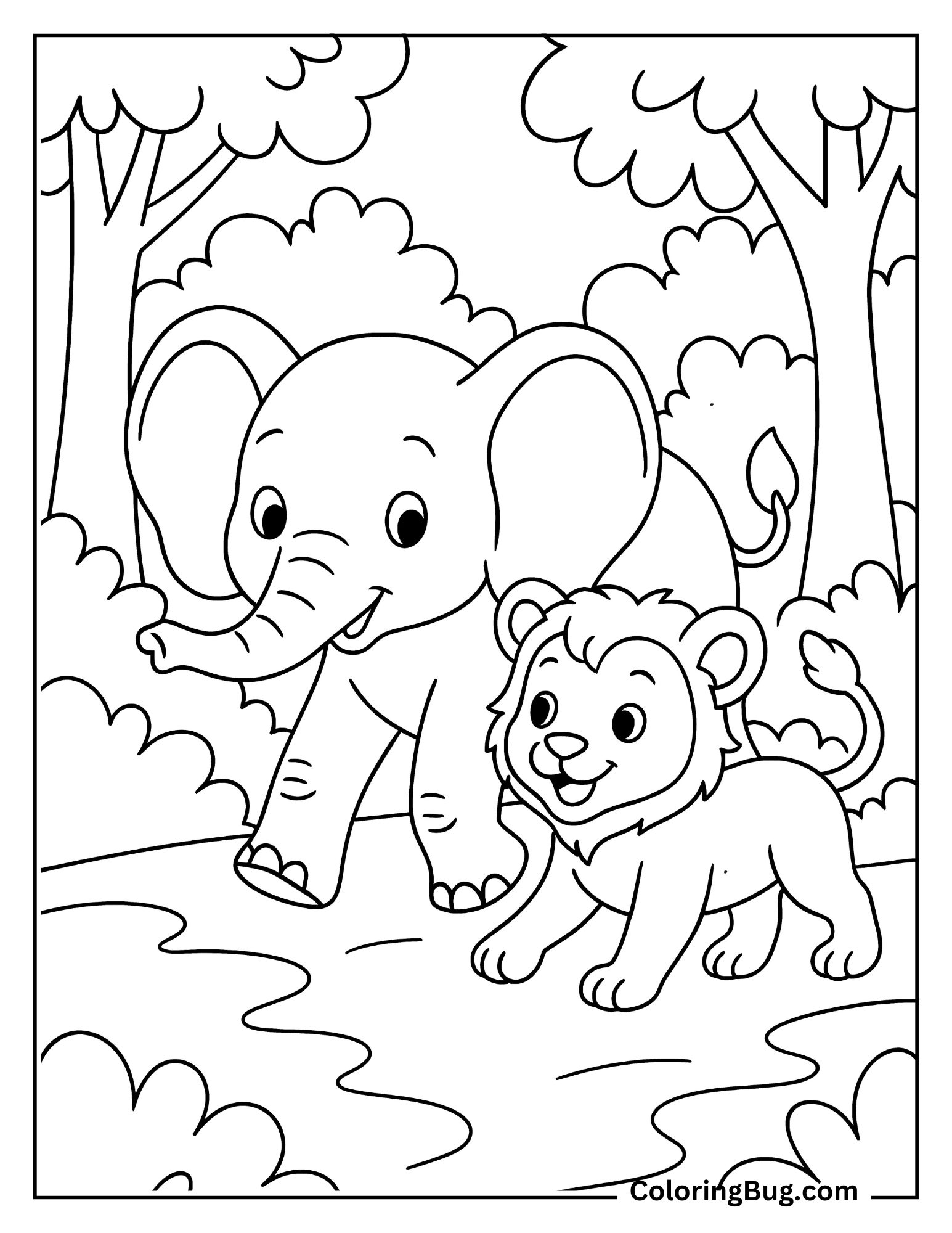 Baby Elephant Walking Through Forest Lion Cub Coloring Sheet